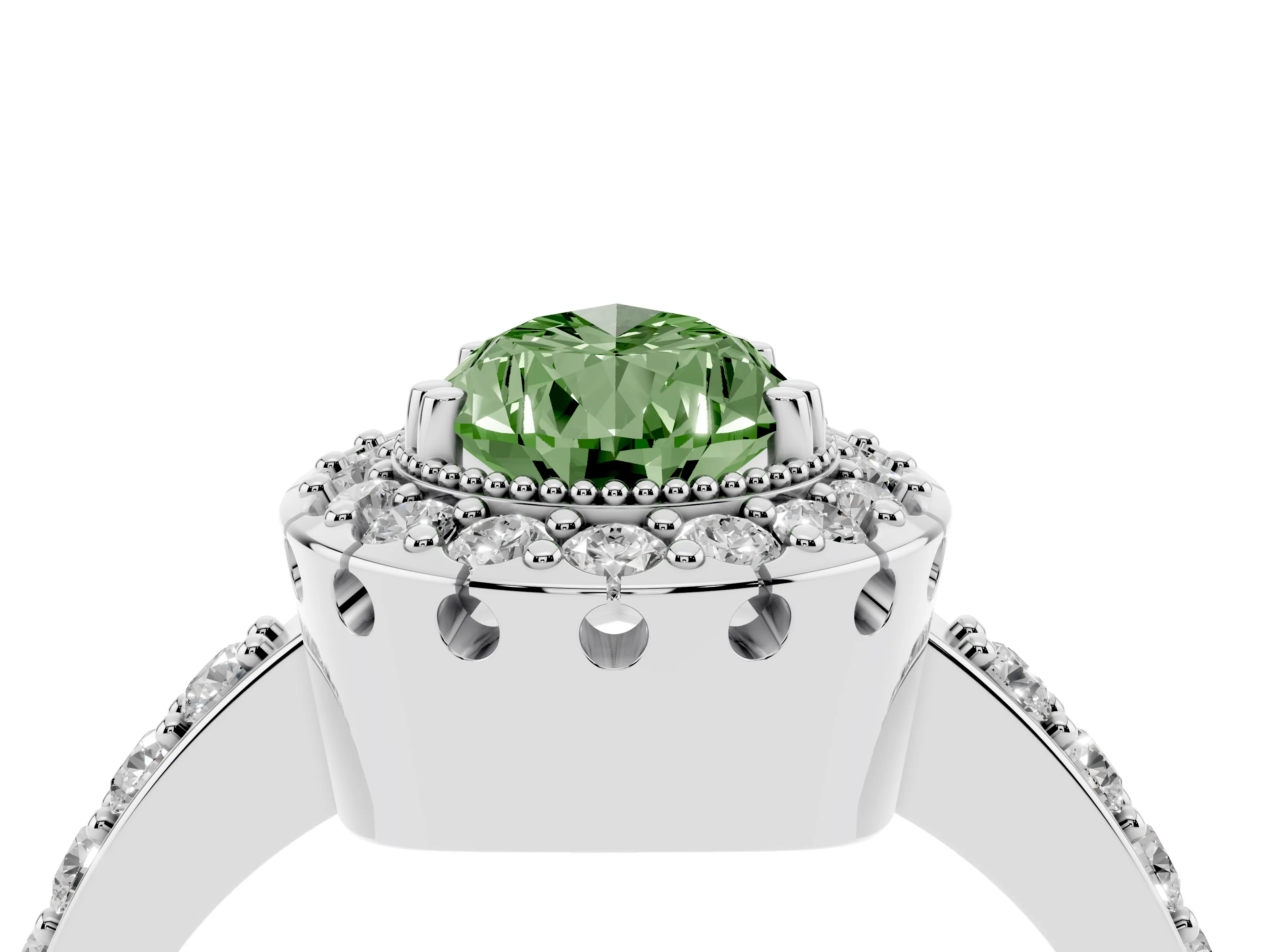 Fancy Green Pear Cut Diamond Halo Ring Set in White gold with Pavé Shank and Prong Setting