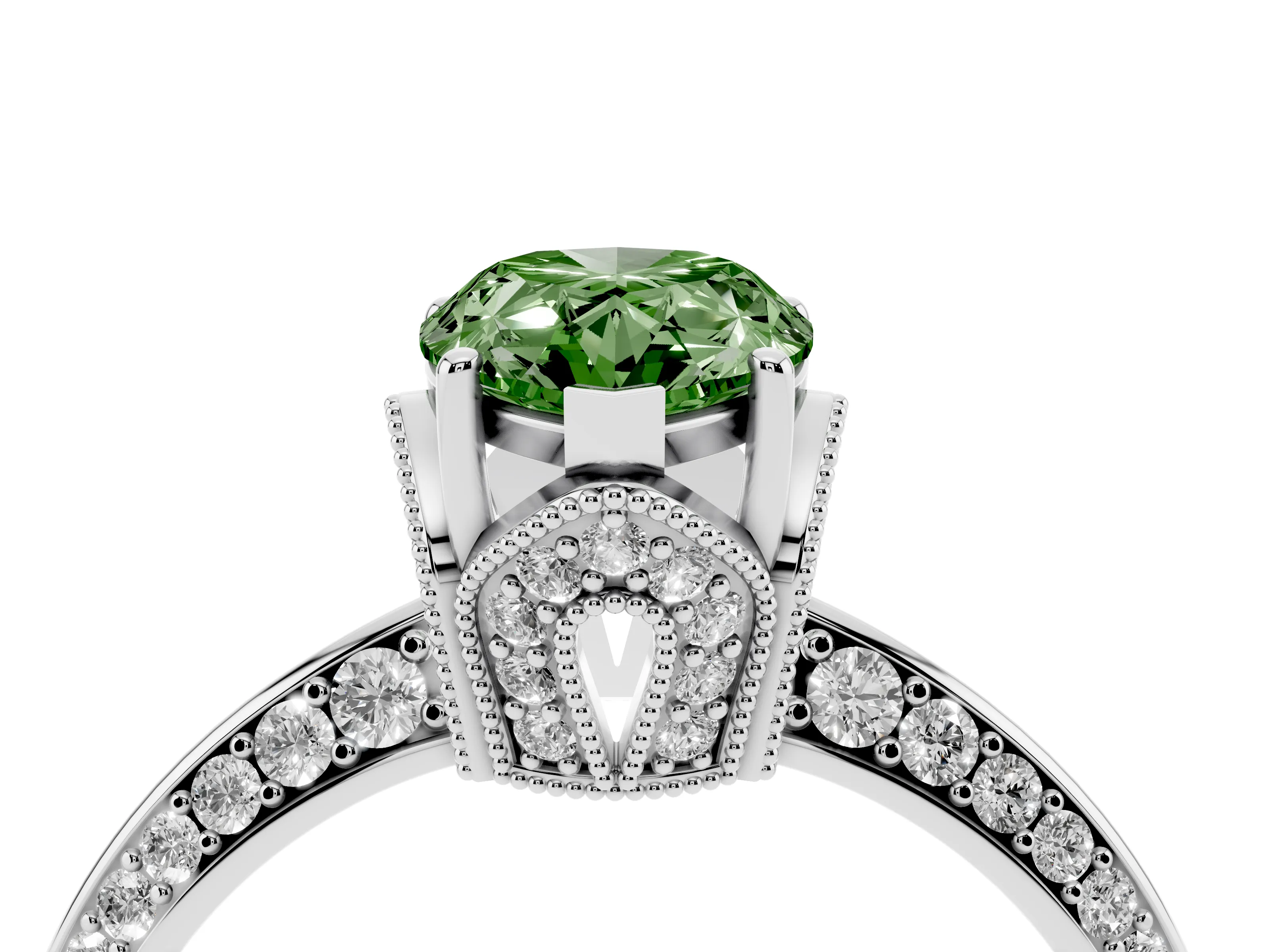 Fancy Green Pear Cut Diamond Solitaire Engagement Ring Set in Silver with Pavé Split Shank and Prong Setting
