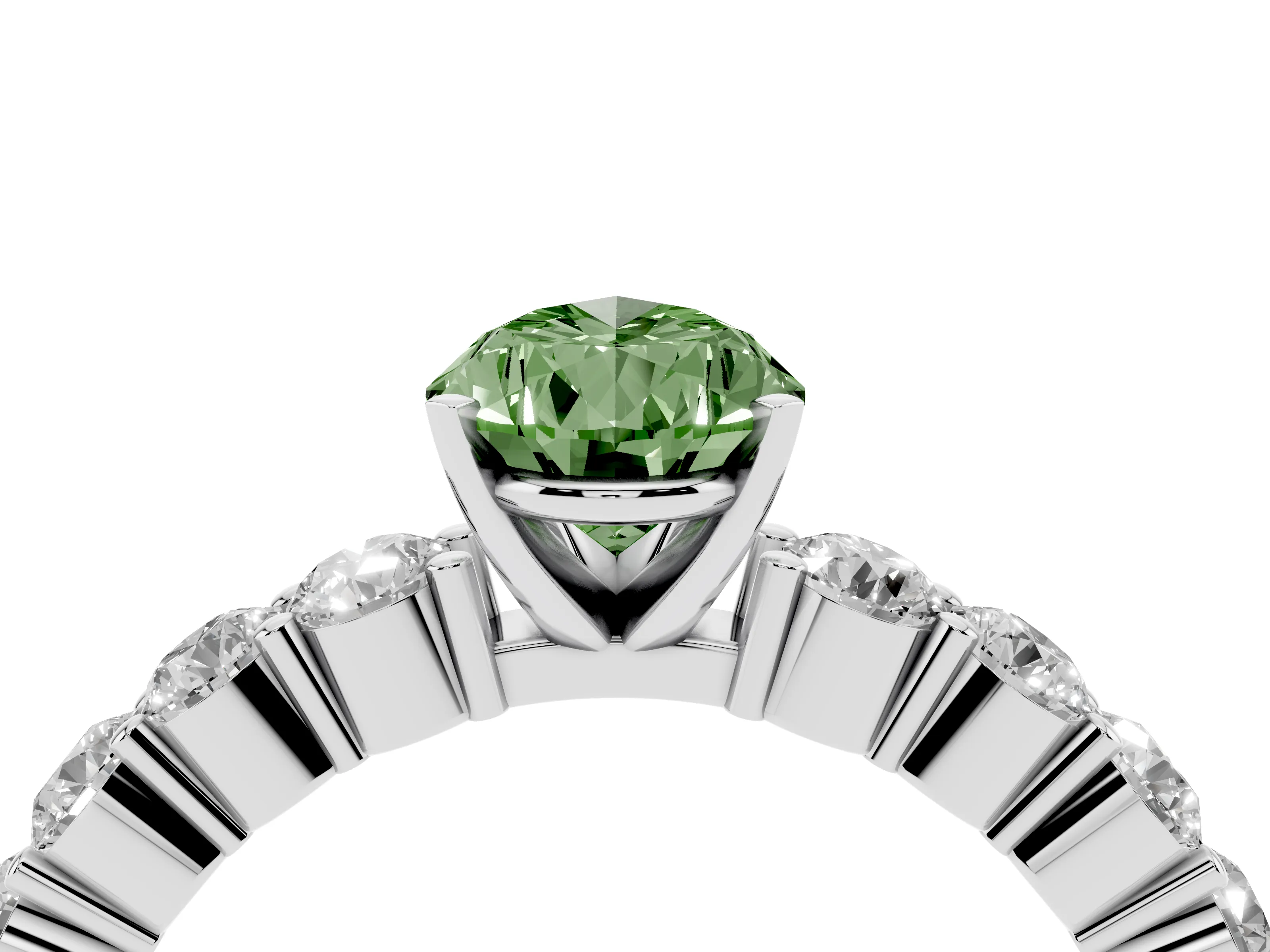 Fancy Green Pear Cut Diamond Solitaire Ring Set in White gold with Shared Prong Round Side Stones