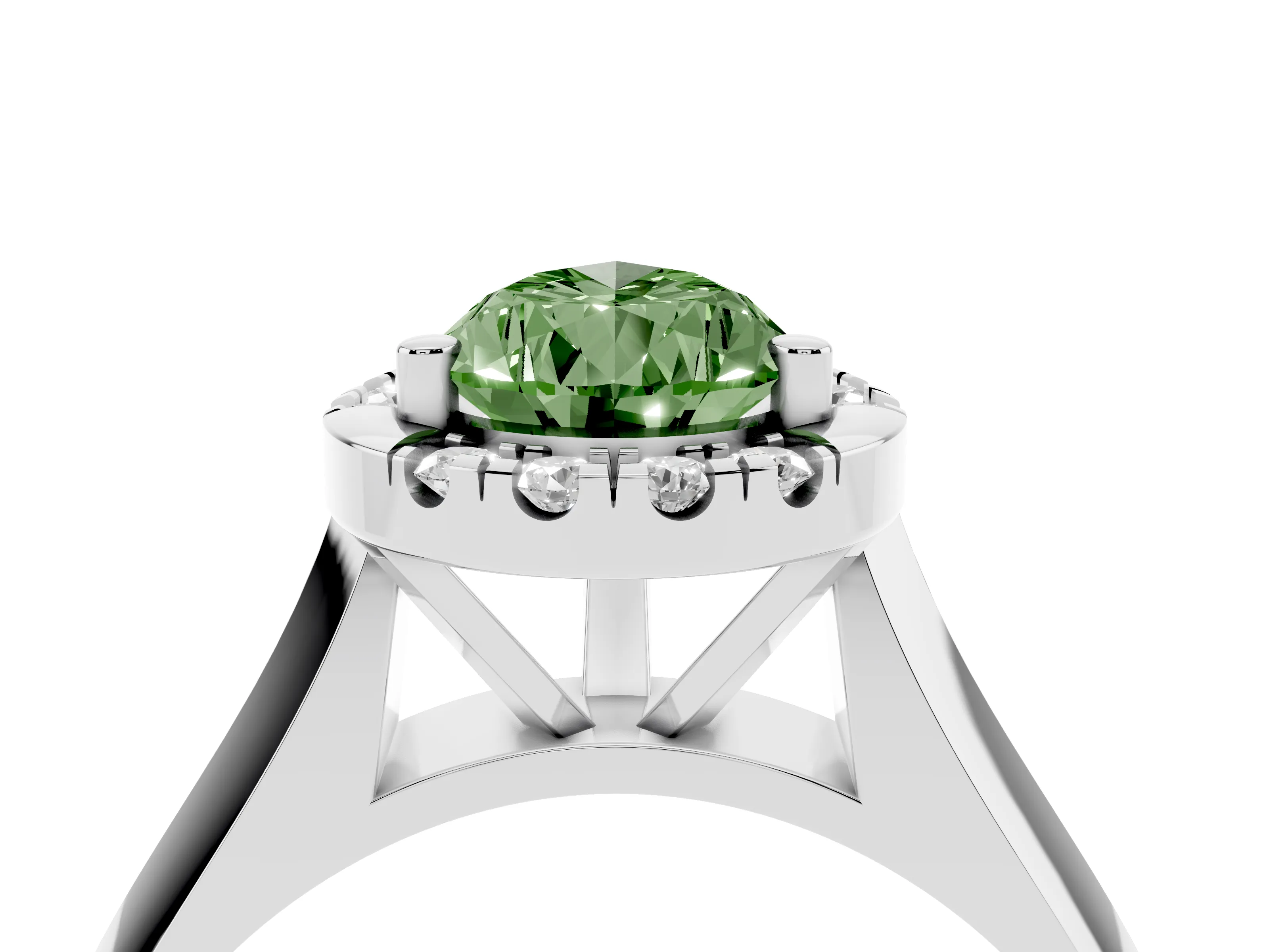 Fancy Green Pear Cut Diamond Halo Solitaire Engagement Ring Set in Silver with Square Band and Prong Setting
