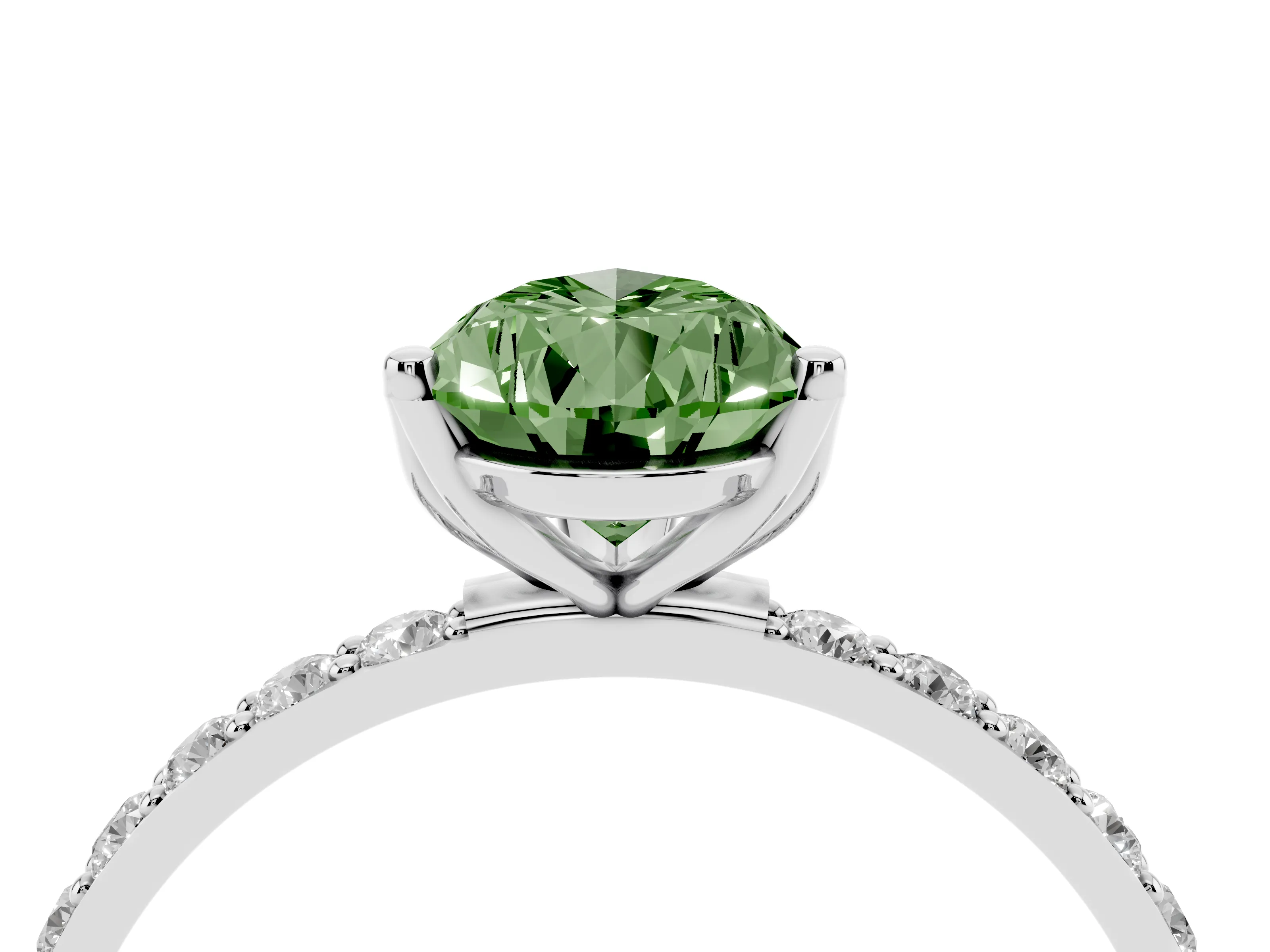 Fancy Green Pear Cut Diamond Solitaire Engagement Ring Set in Platinum with Round Pavé Band and Prong Setting