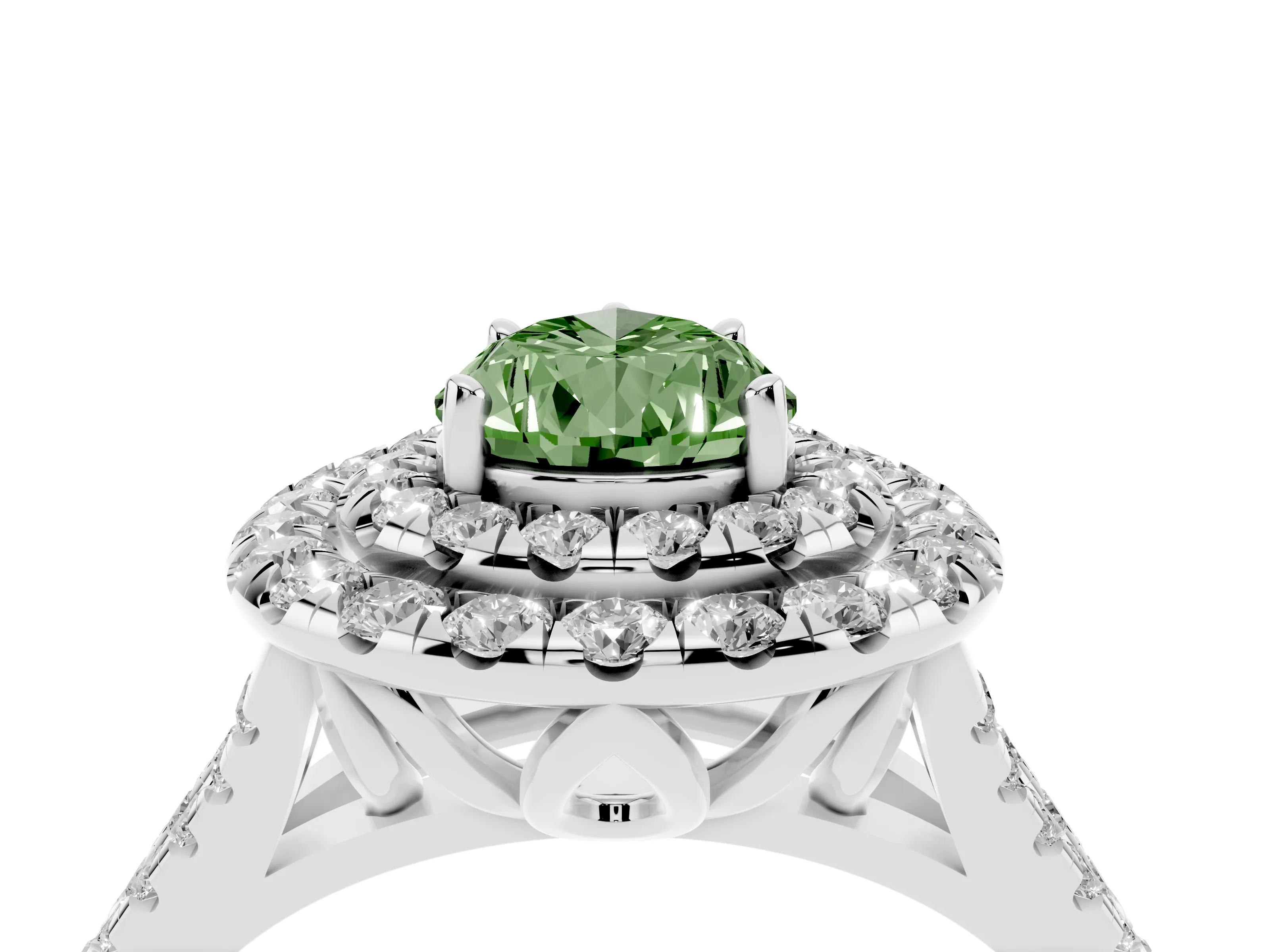 Fancy Green Pear Cut Diamond Double Halo Ring Set in Silver with Pavé Split Shank and Prong Setting