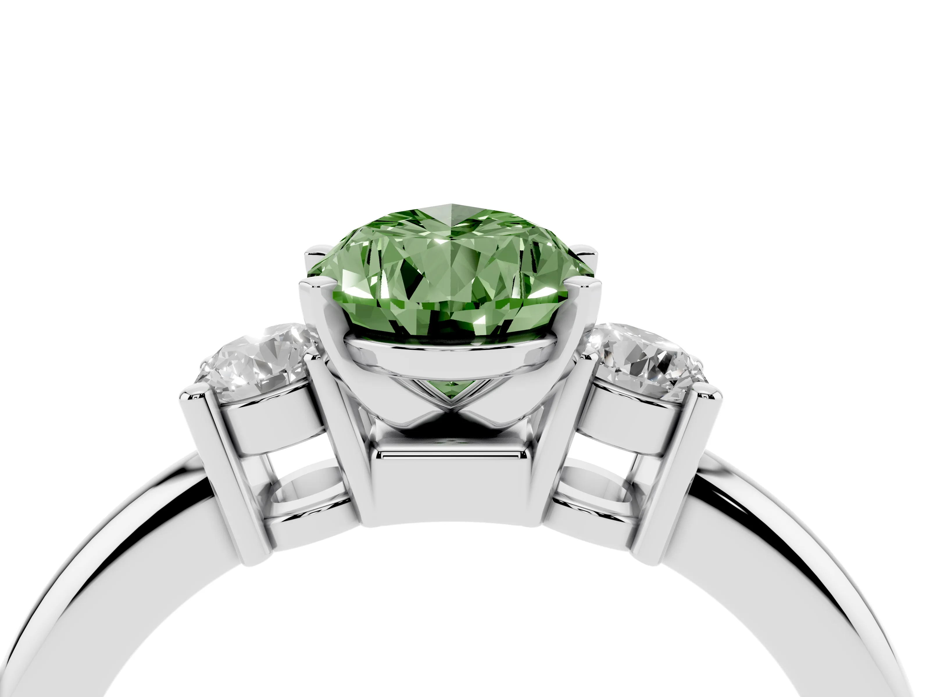 Fancy Green Three-Stone Pear Cut Diamond Ring Set in Platinum with Prong Setting and Plain Band