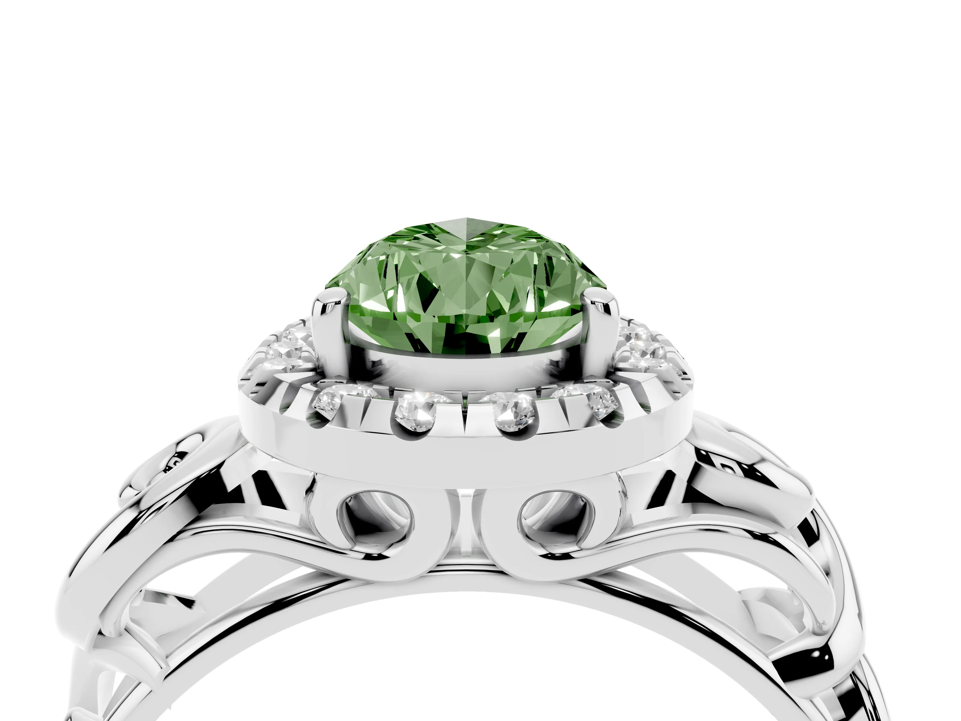 Fancy Green Pear Cut Diamond Halo Ring Set in Platinum with Scrollwork Band and Prong Setting