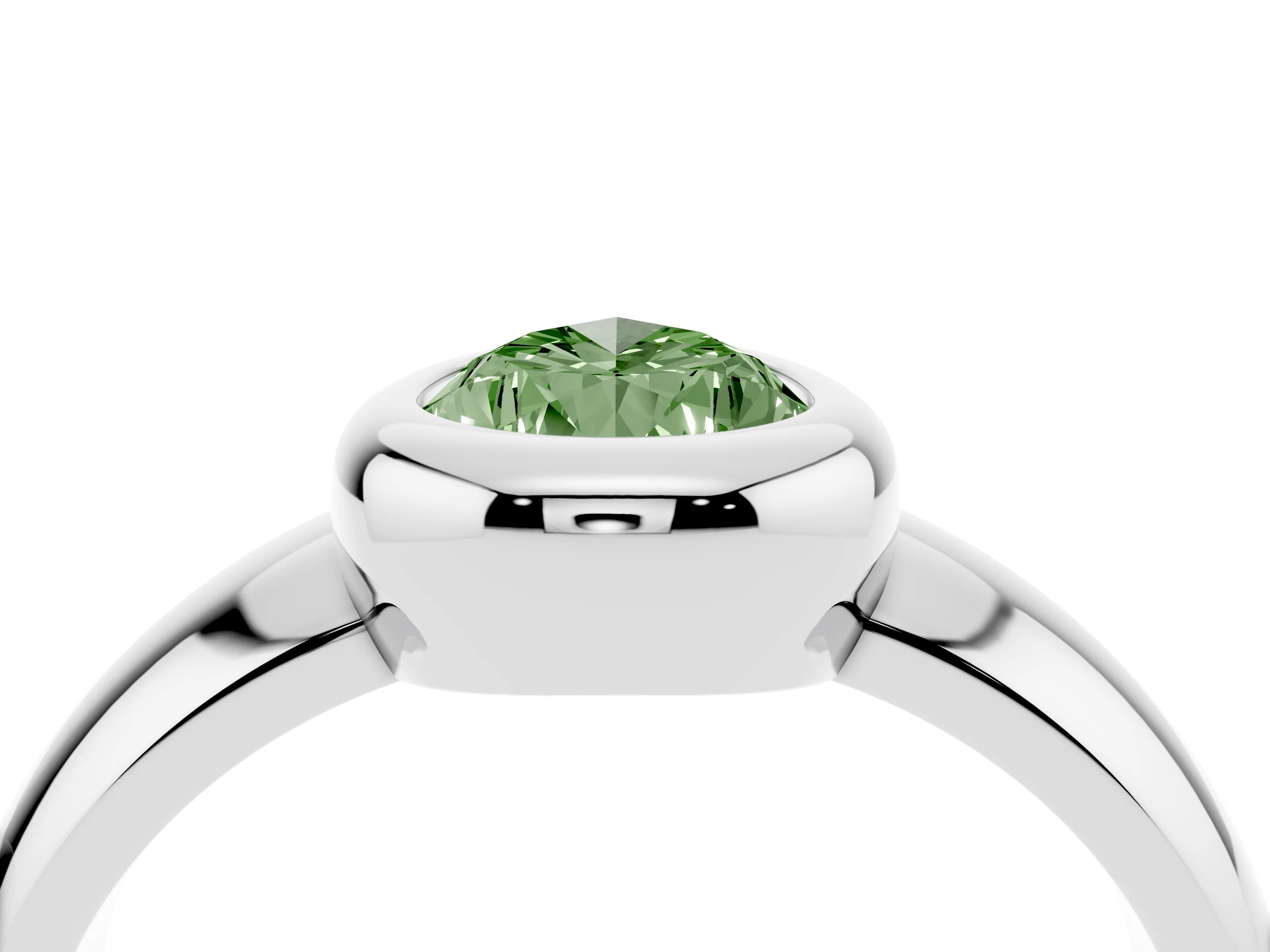Fancy Green Bezel Set Pear Cut Diamond Solitaire Ring Set in White gold with Wide Band