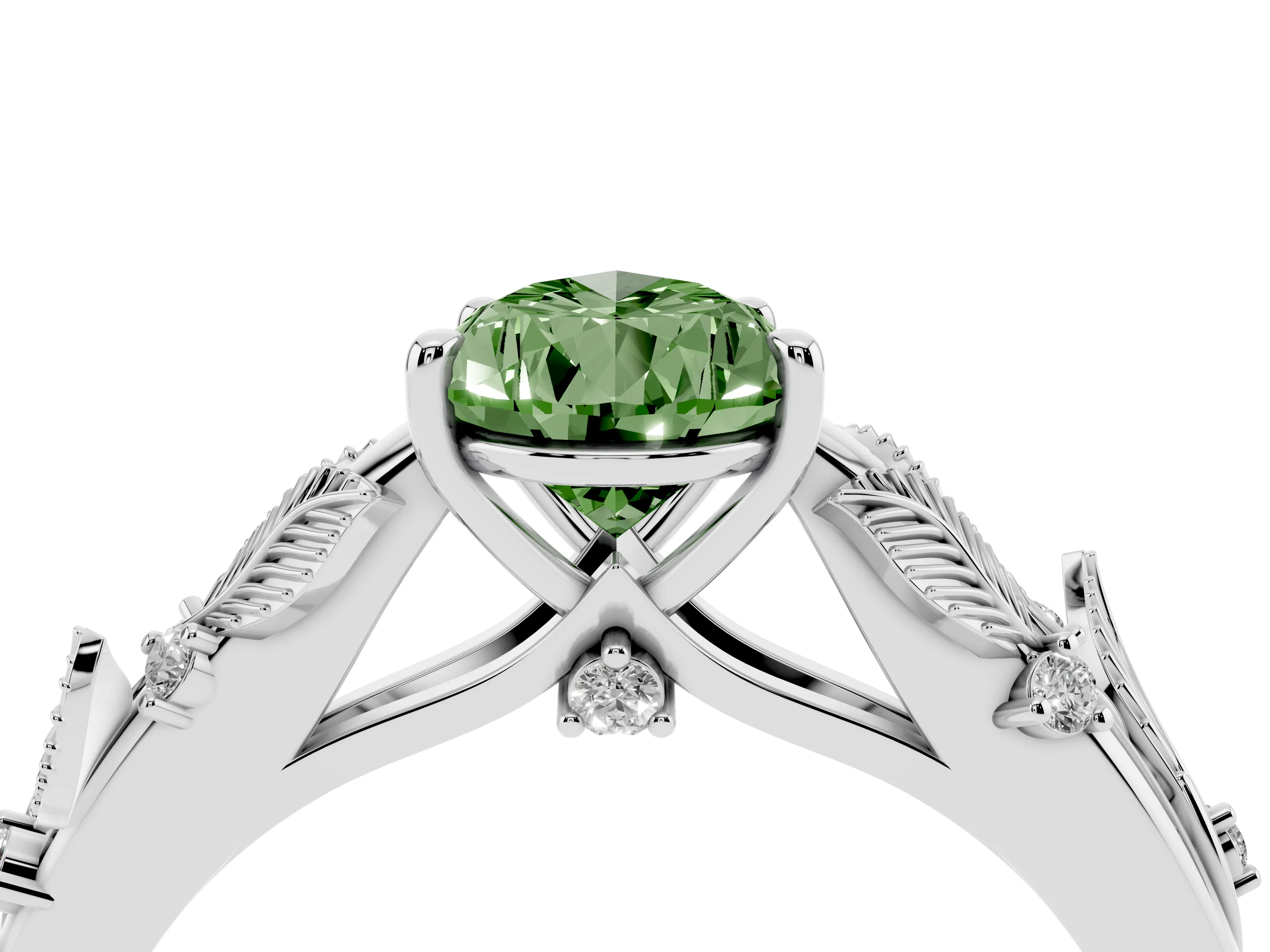 Fancy Green Pear Cut Diamond Solitaire Ring Set in Platinum with Leaf Motif Band