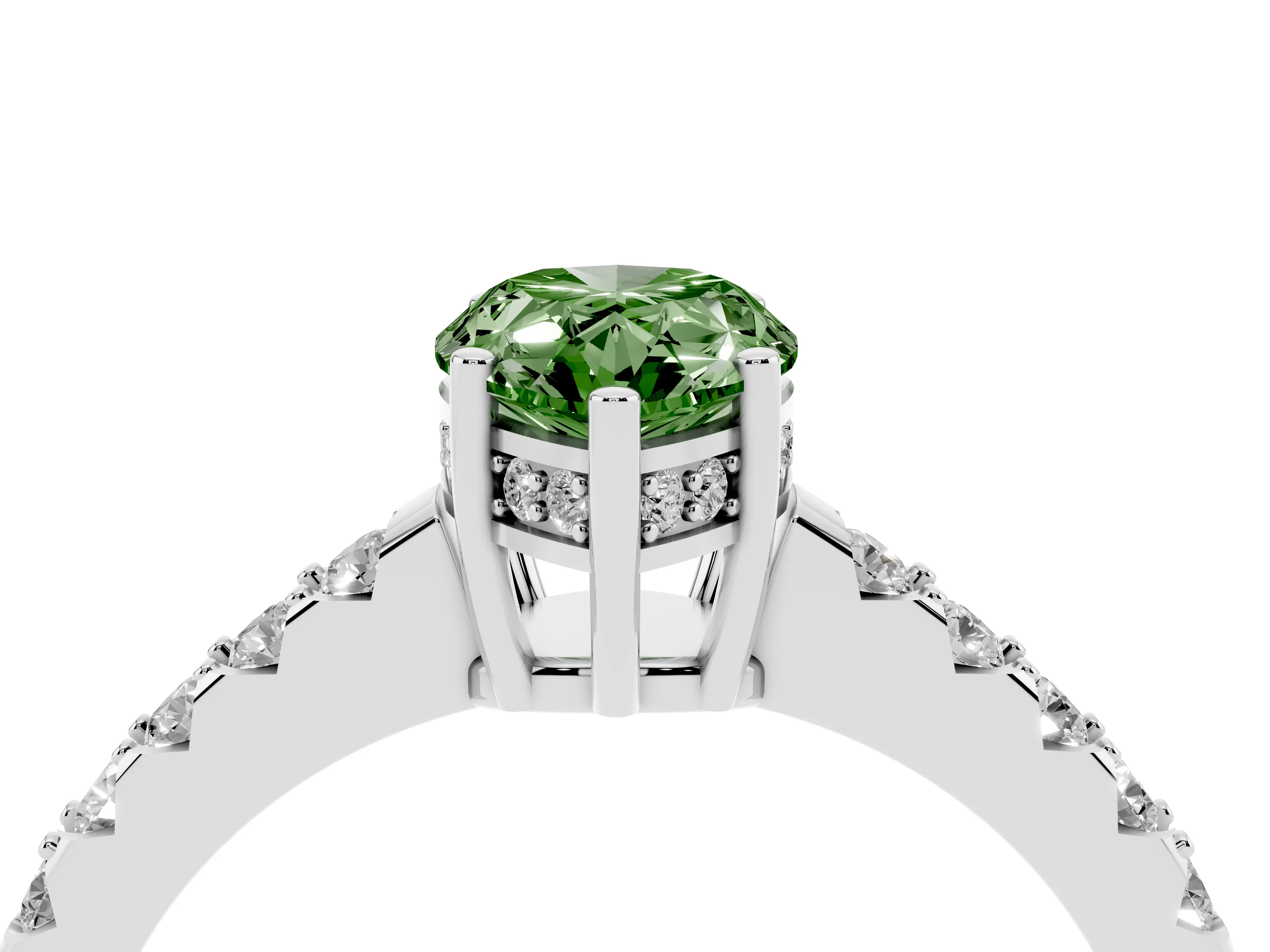 Fancy Green Pear Cut Diamond Solitaire Engagement Ring Set in Platinum with Pavé Band and Prong Setting