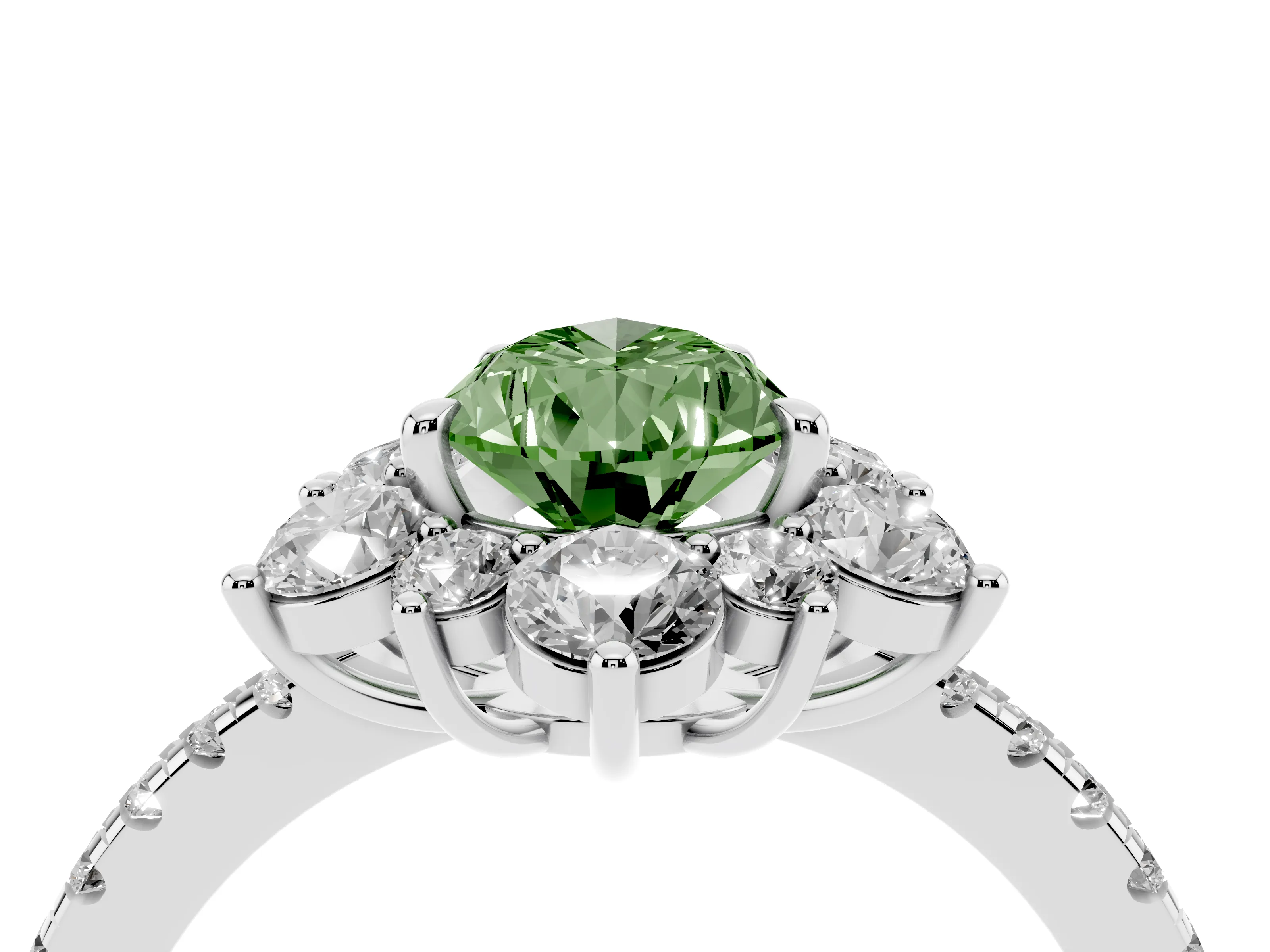 Fancy Green Pear Cut Diamond Floral Halo Ring Set in White gold with Round Pavé Band and Prong Setting