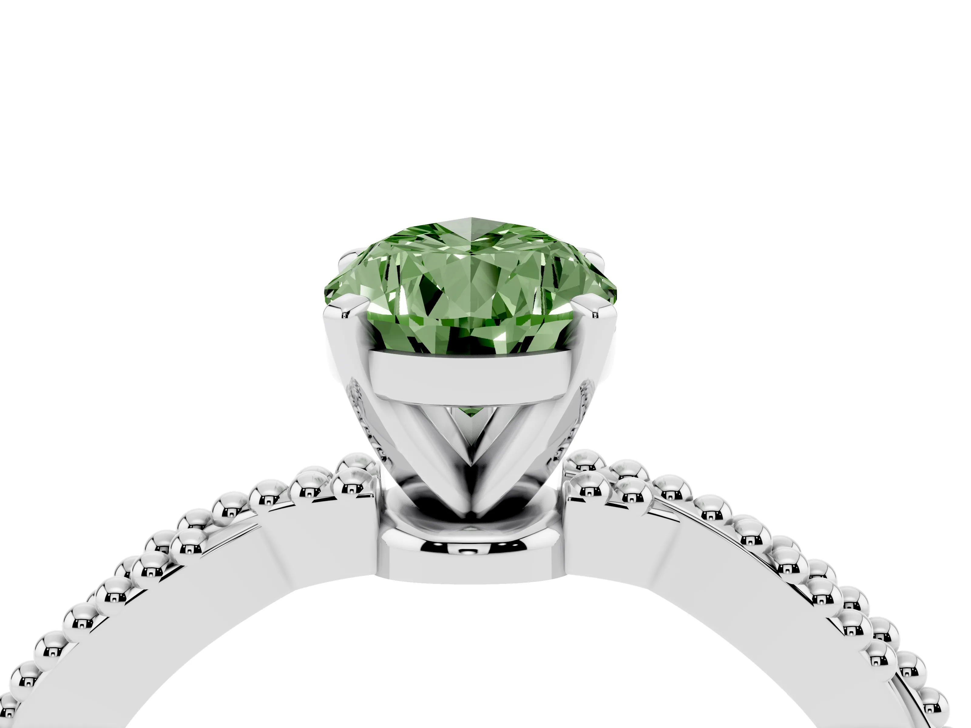 Fancy Green Pear Cut Diamond Solitaire Ring Set in White gold with Twisted Band and Bead Prong Setting