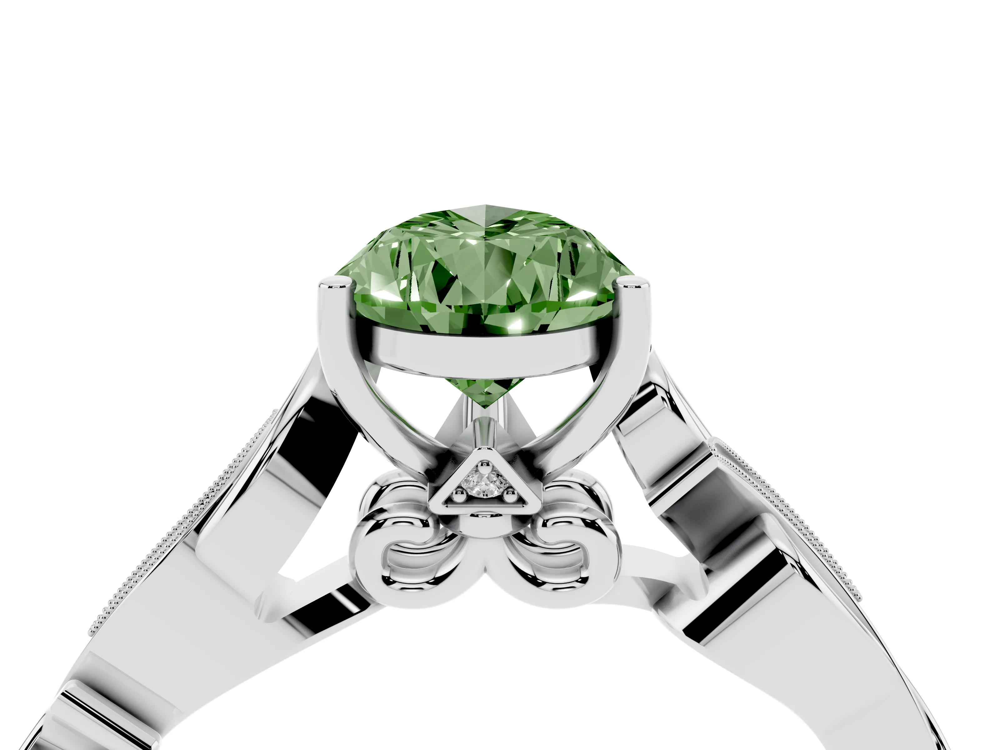 Fancy Green Pear Cut Diamond Vine Band Solitaire Ring Set in White gold with Milgrain Prong Setting