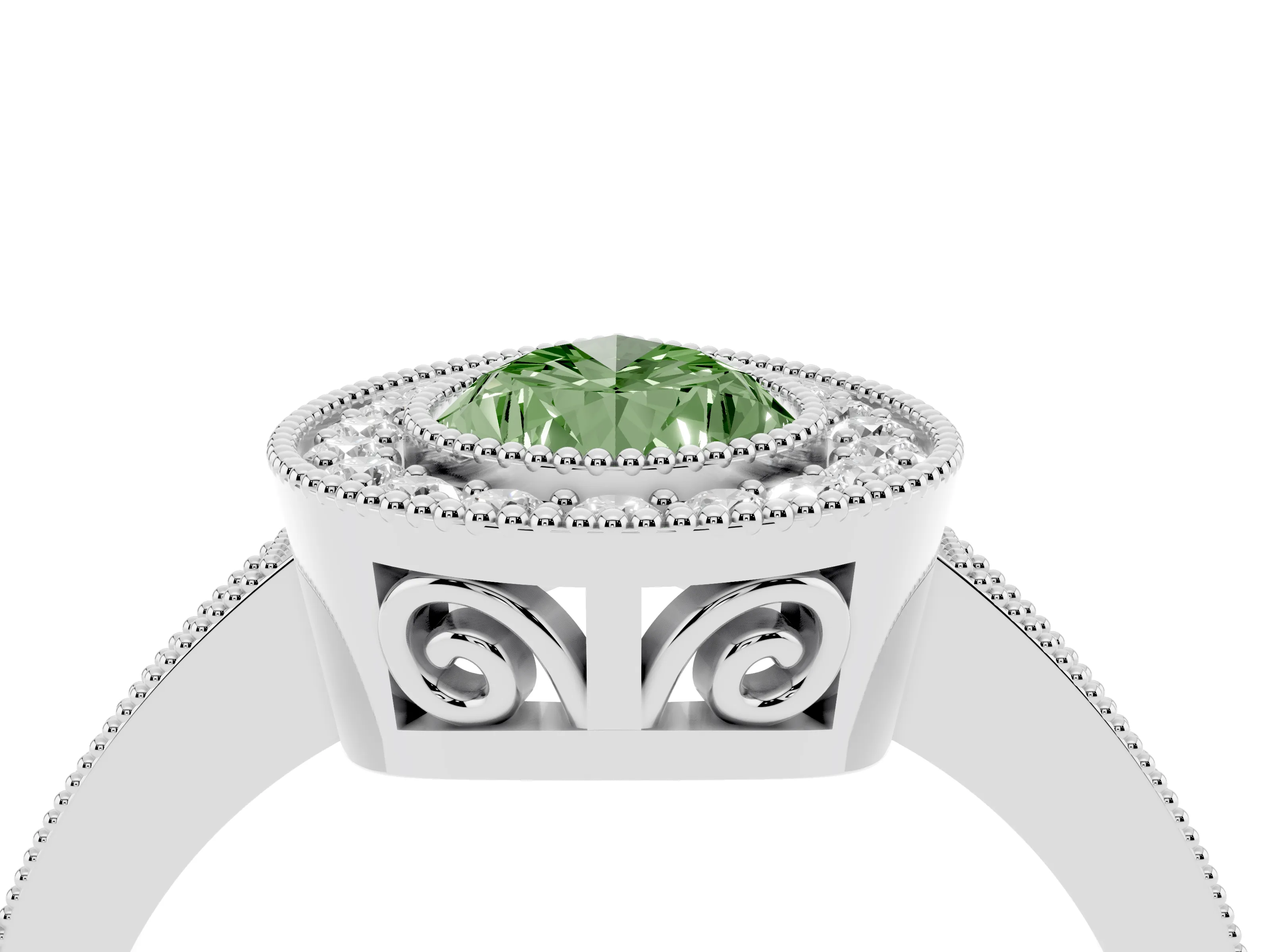 Fancy Green Pear Cut Diamond Round Halo Ring Set in White gold with Pavé Band