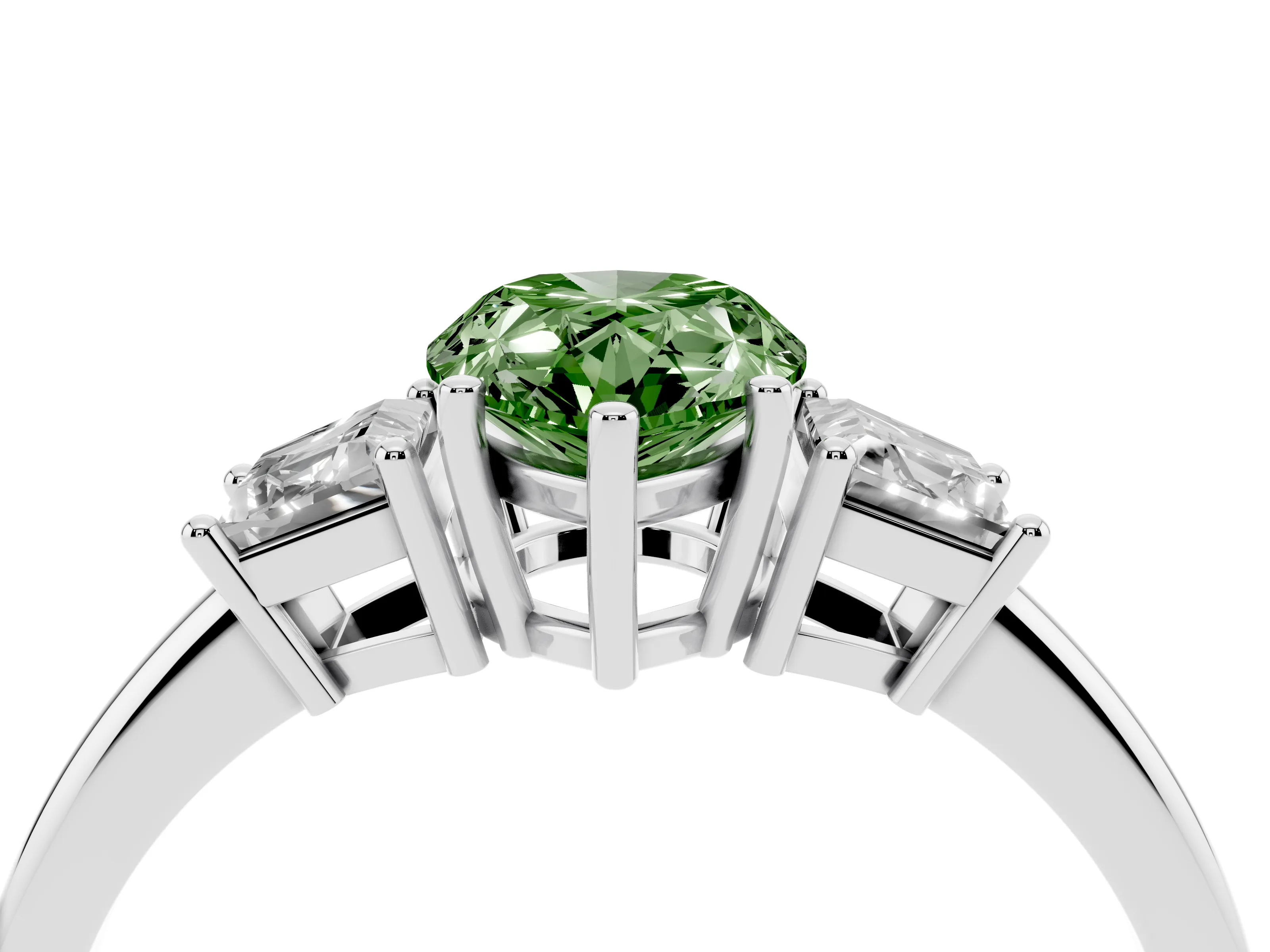 Fancy Green Pear Cut Diamond Three-Stone Ring Set in White gold with Trapezoid Side Stones and Prong Setting