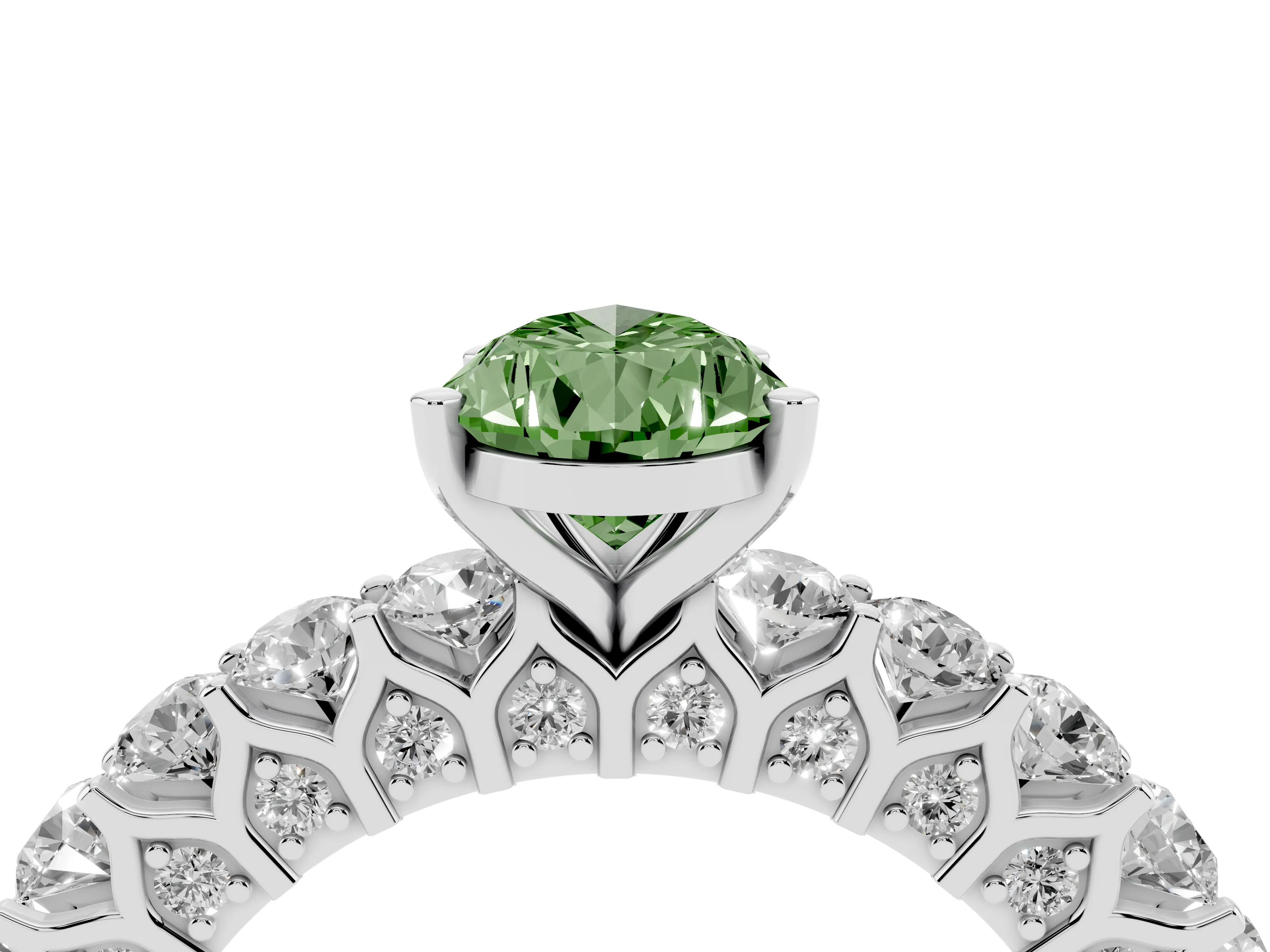 Fancy Green Pear Cut Diamond Solitaire Ring Set in Platinum with Shared Prong Pavé Band