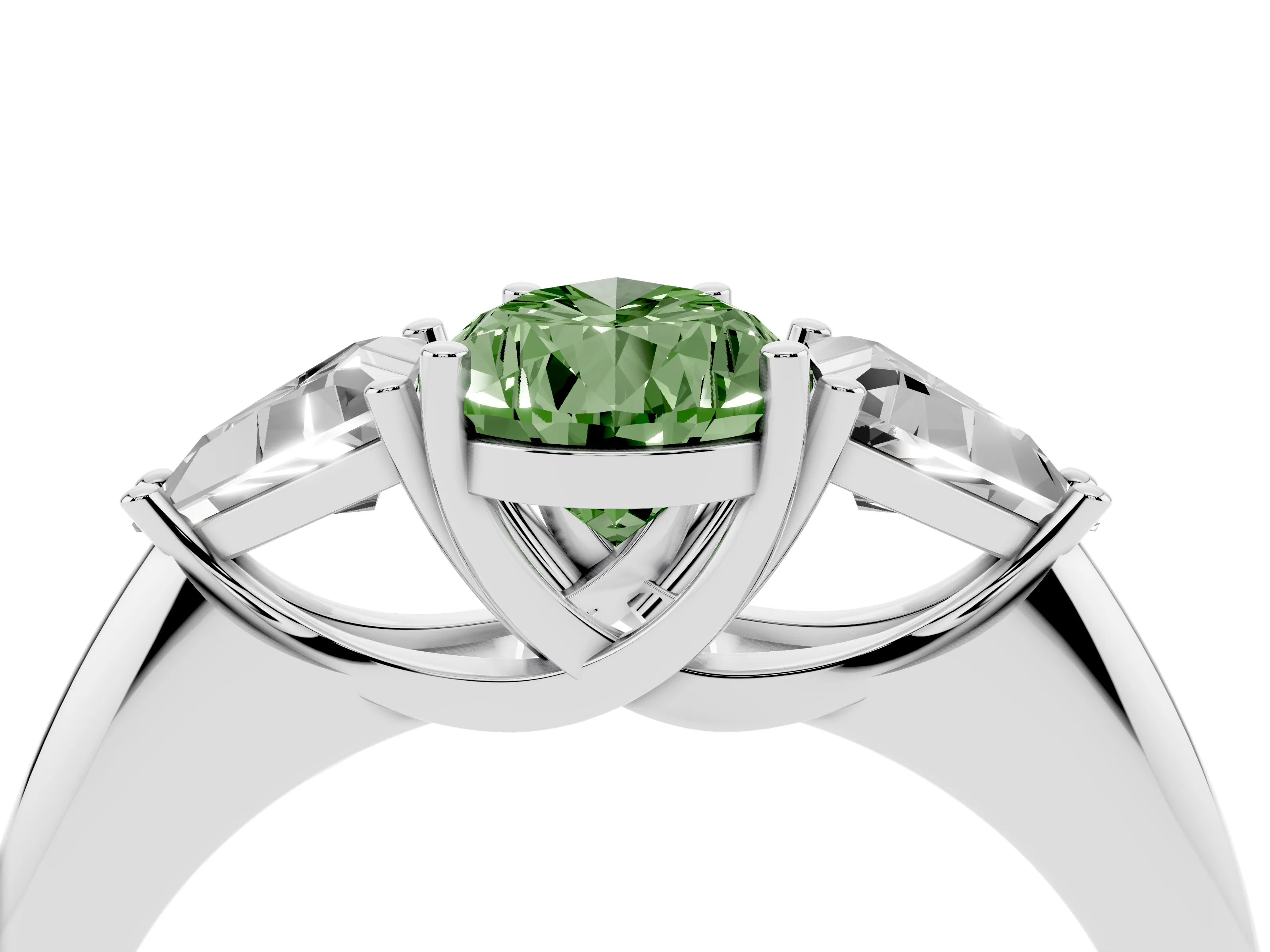 Fancy Green Pear Cut Diamond Three-Stone Engagement Ring Set in Silver with Trillion Side Stones