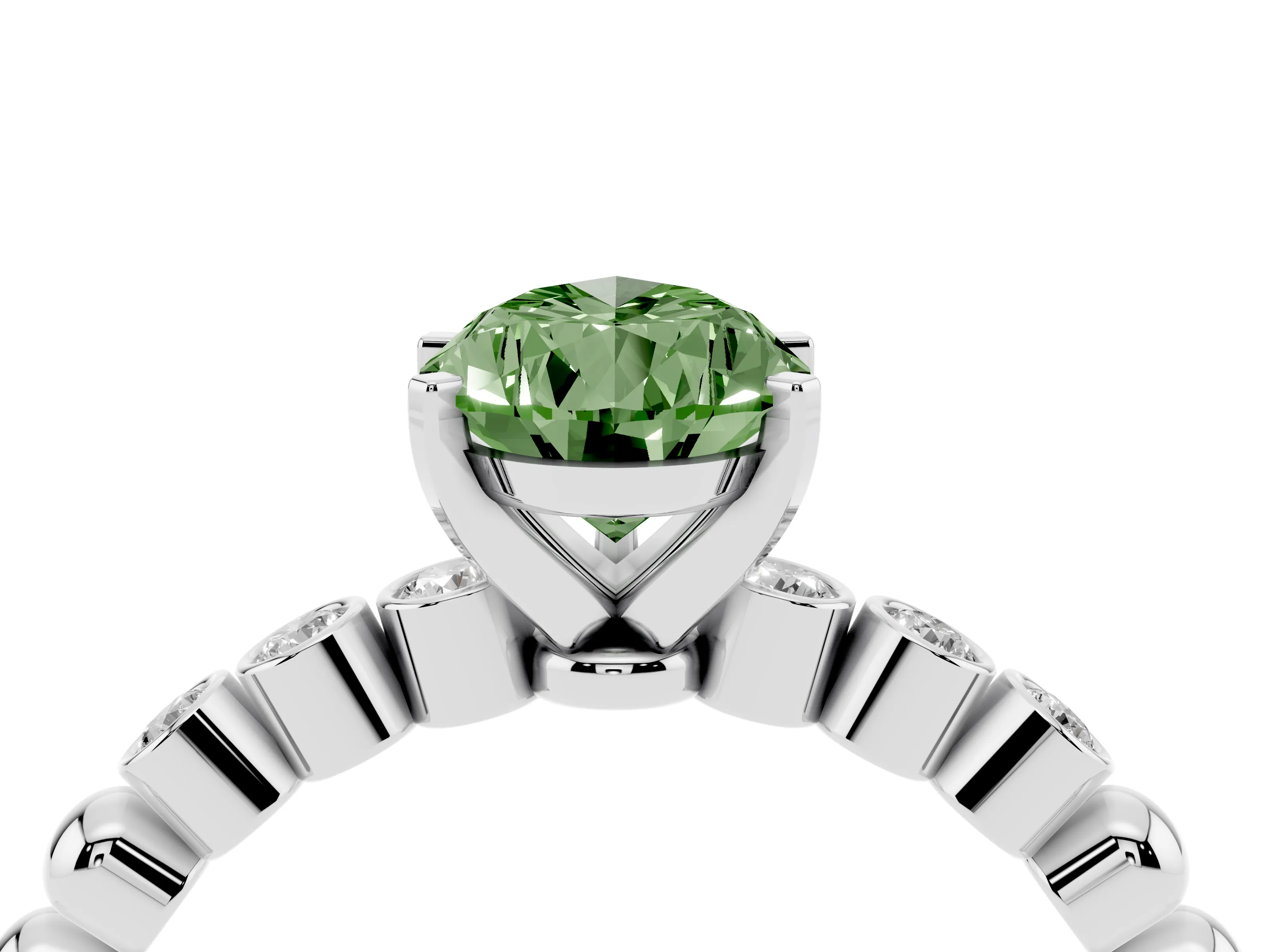 Fancy Green Pear Cut Diamond Solitaire Engagement Ring Set in White gold with Bezel Accents on Beaded Band