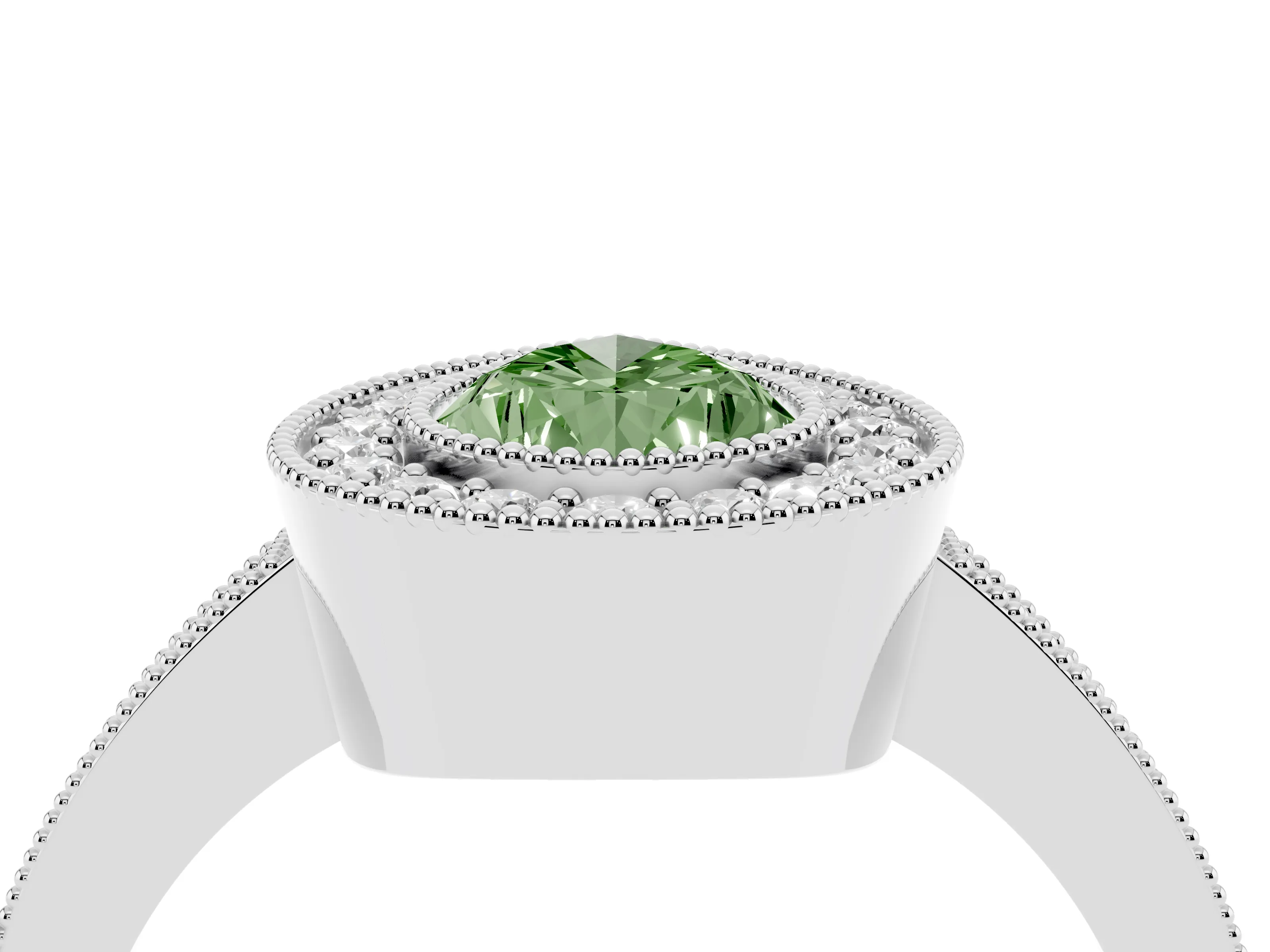 Fancy Green Pear Cut Diamond Halo Engagement Ring Set in White gold with Pavé Band and Round Halo Stones