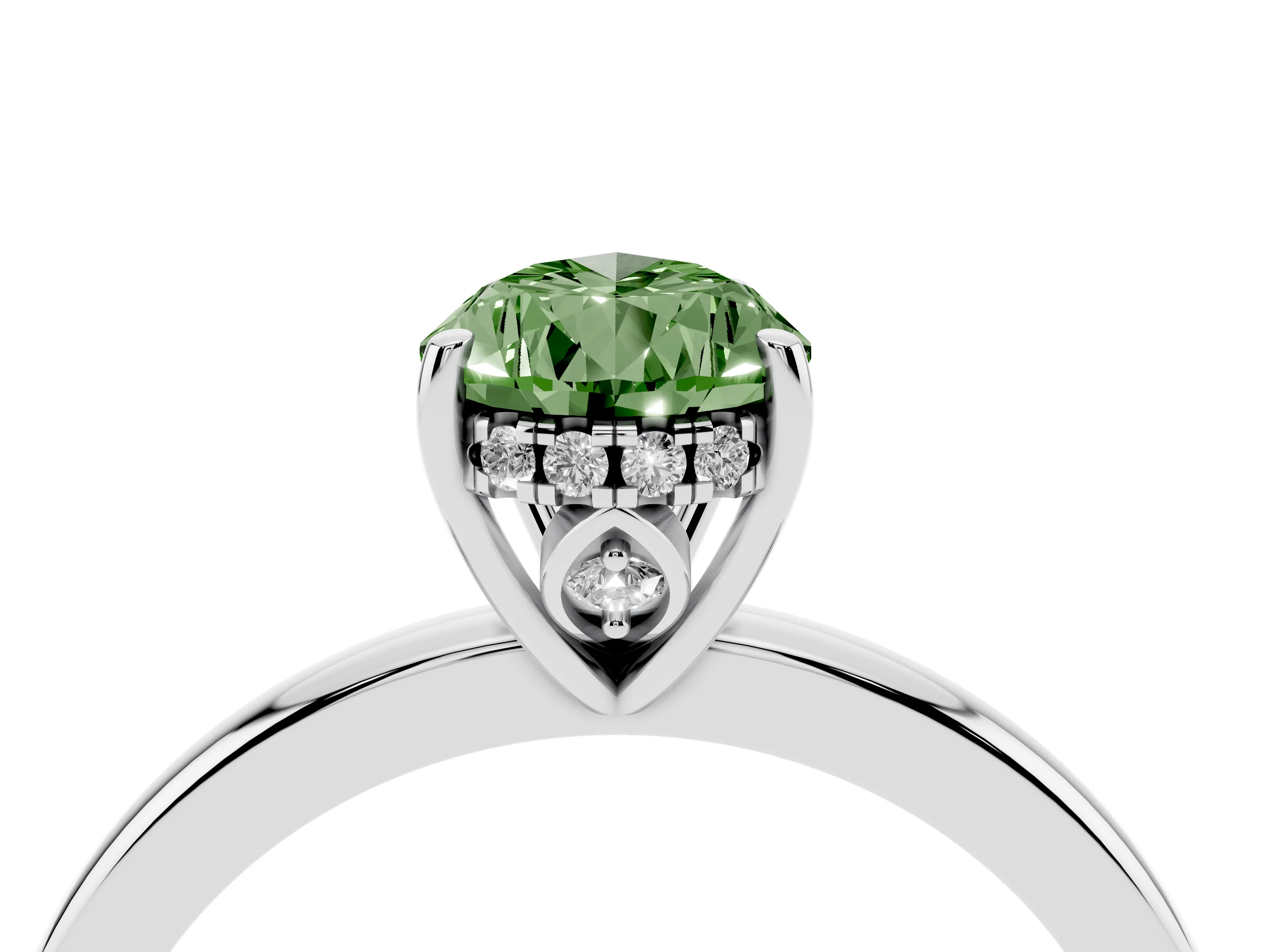Fancy Green Pear Cut Diamond Solitaire Ring Set in Silver with Plain Band and Prong Setting