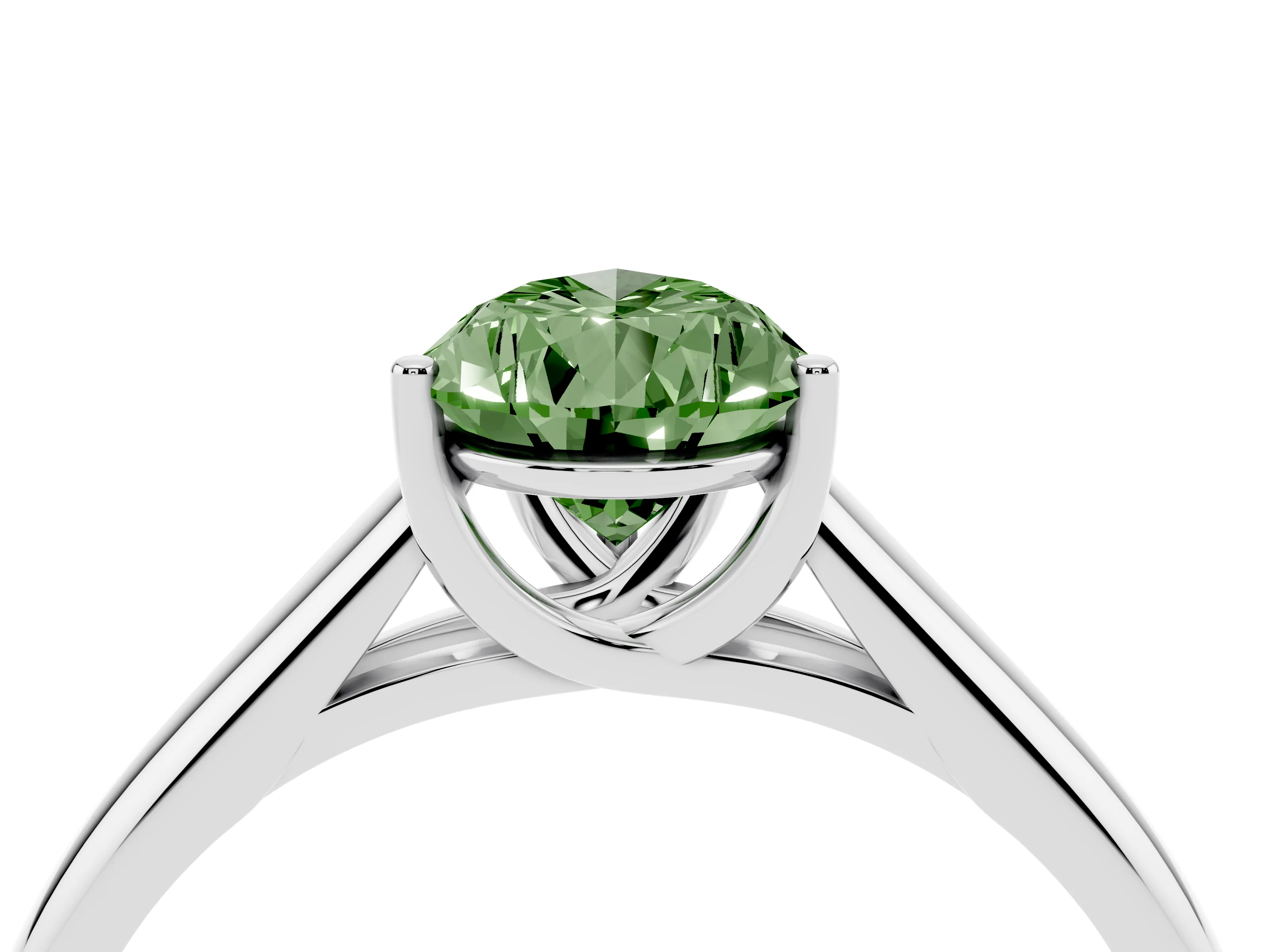 Fancy Green Pear Cut Diamond Solitaire Engagement Ring Set in White gold with Subtly Tapered Band and Prong Setting
