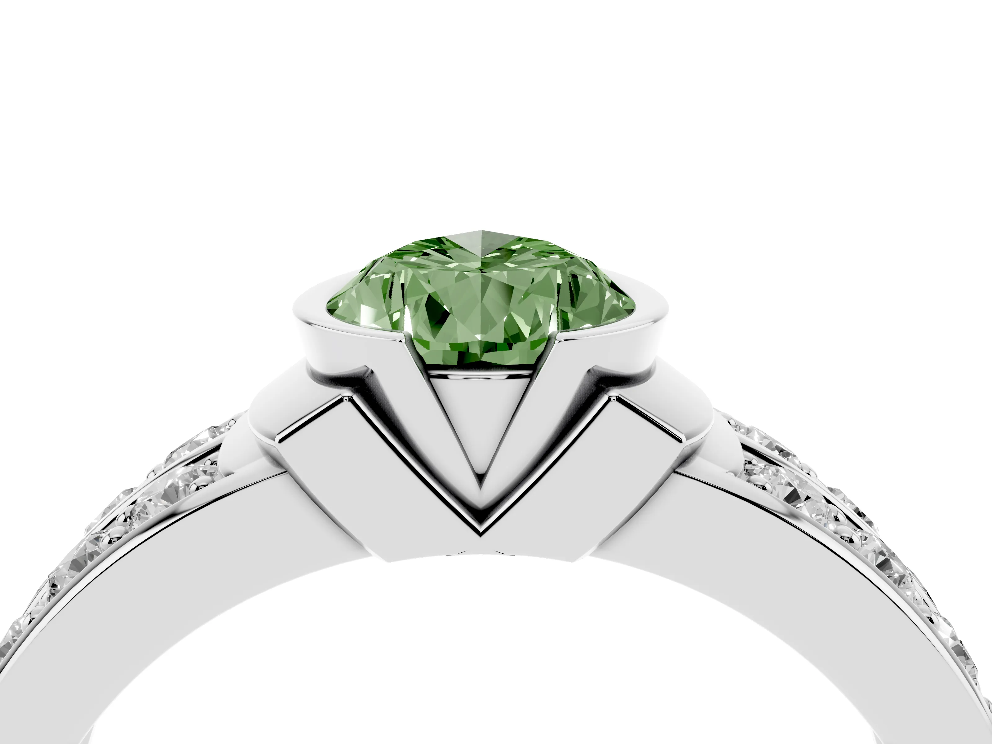 Fancy Green Pear Cut Diamond Wide Channel Set Band Ring Set in Silver with Bezel Setting
