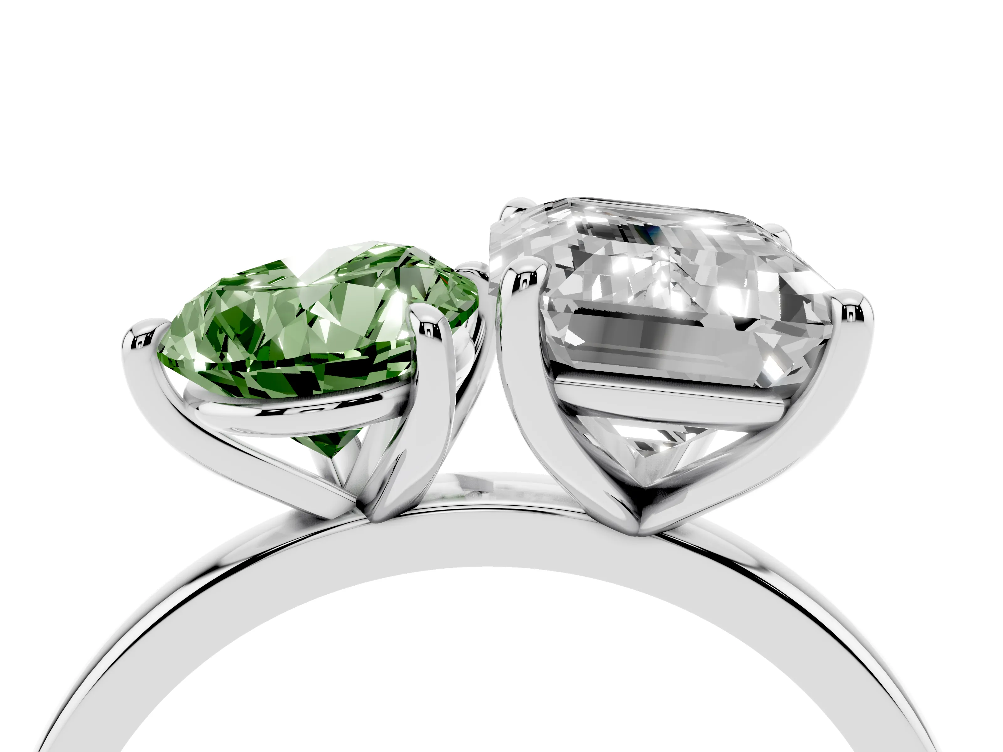 Fancy Green Pear Cut and Emerald Cut Toi Moi Ring Set in Platinum with Prong Setting