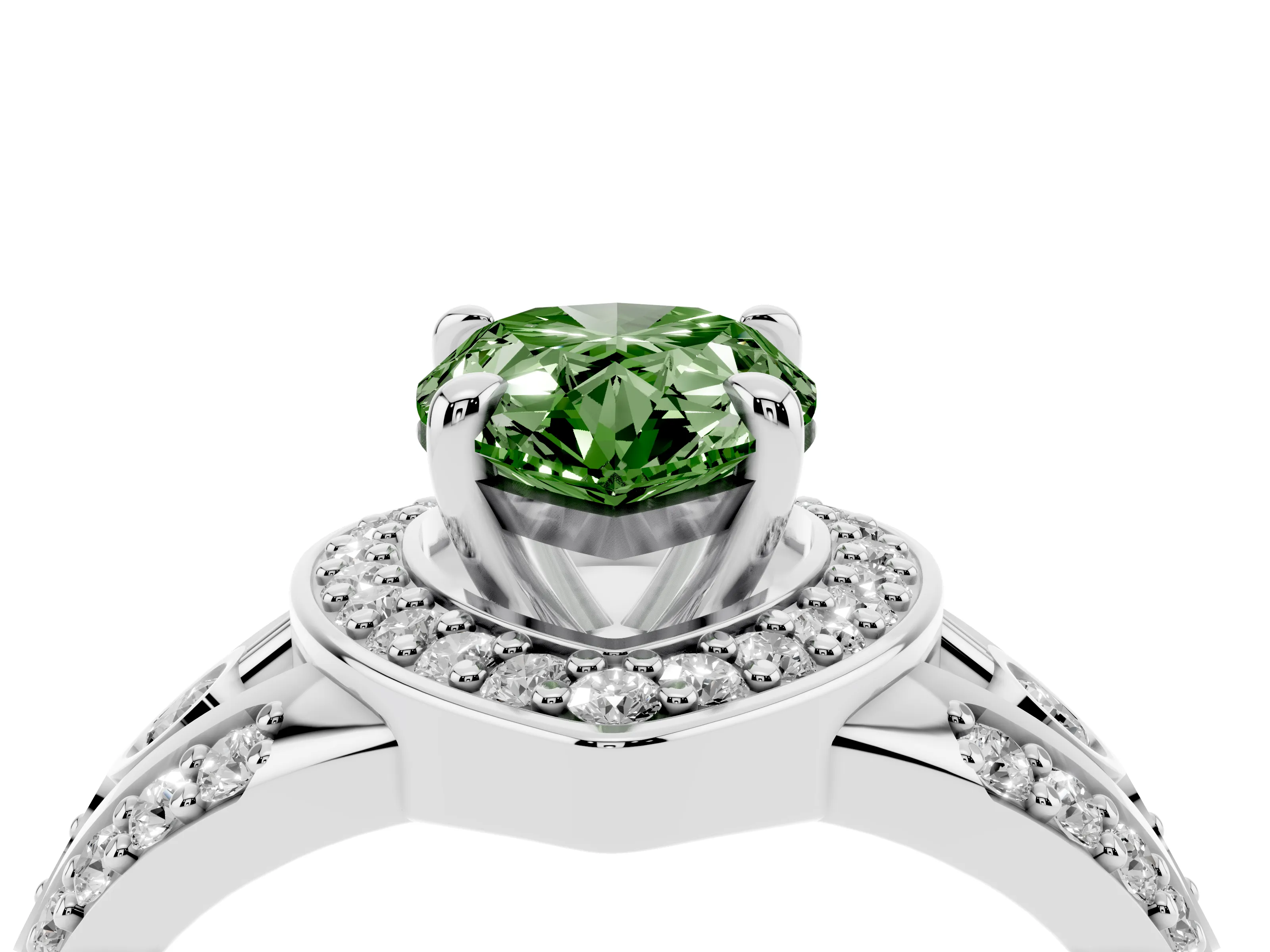 Fancy Green Pear Cut Diamond Halo Ring Set in White gold with Pavé Split Shank and Bezel Accents