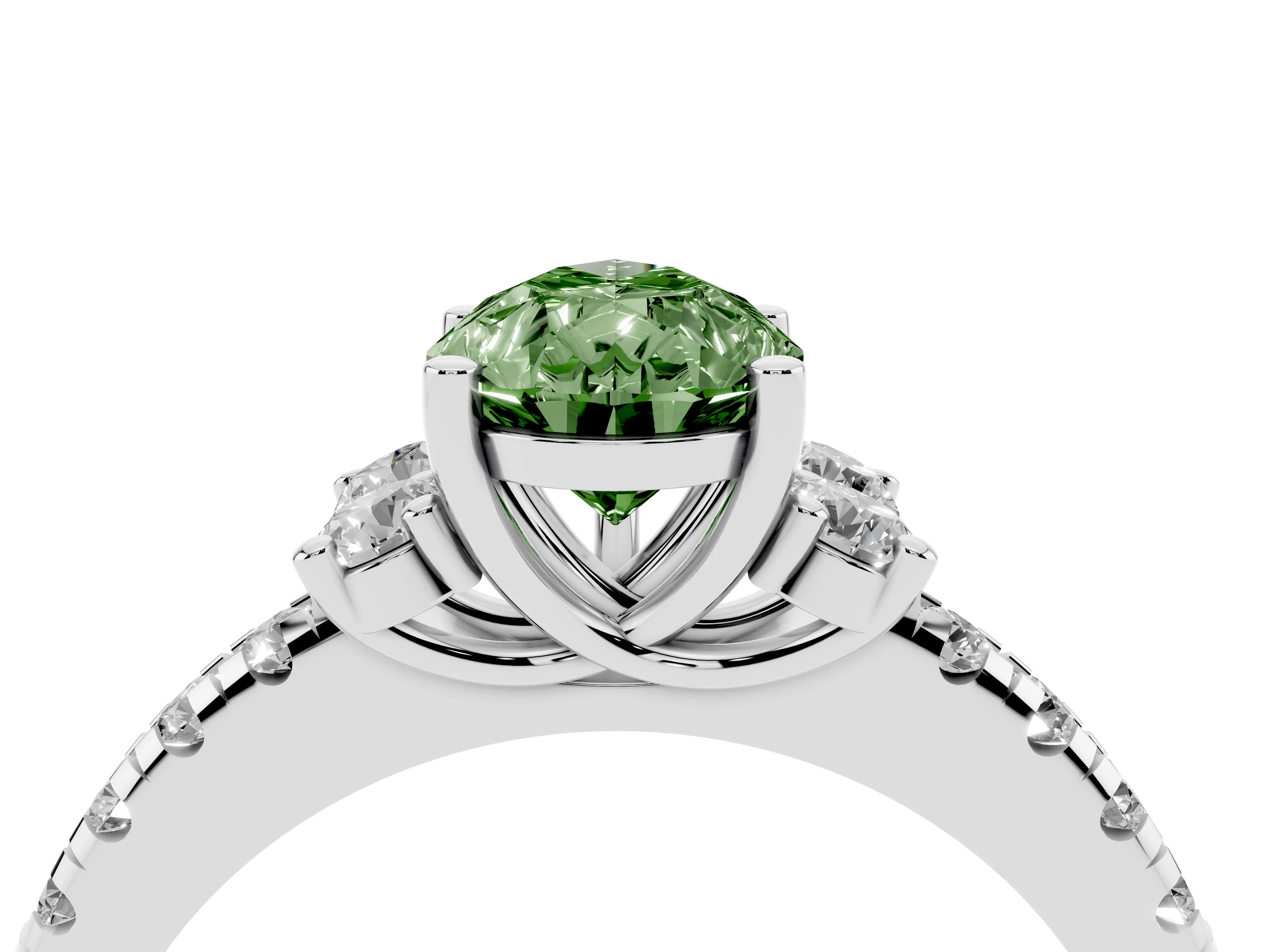 Fancy Green Pear Cut Diamond Three-Stone Pavé Ring Set in White gold with Prong Setting