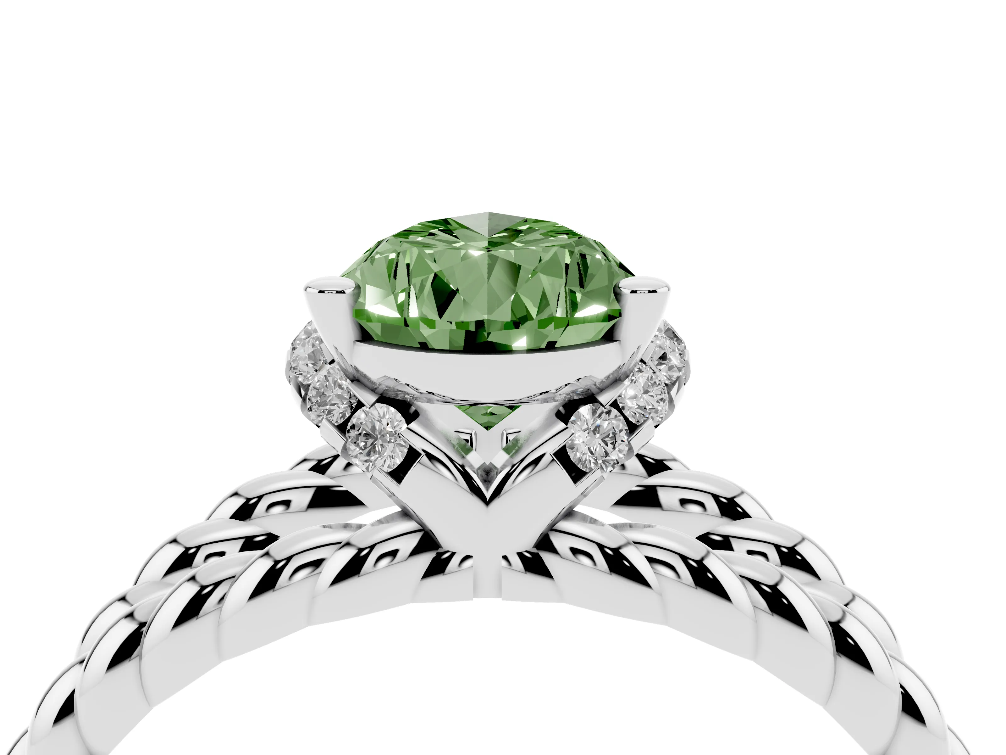 Fancy Green Pear Cut Diamond Halo Ring Set in White gold with Twisted Band and Prong Setting