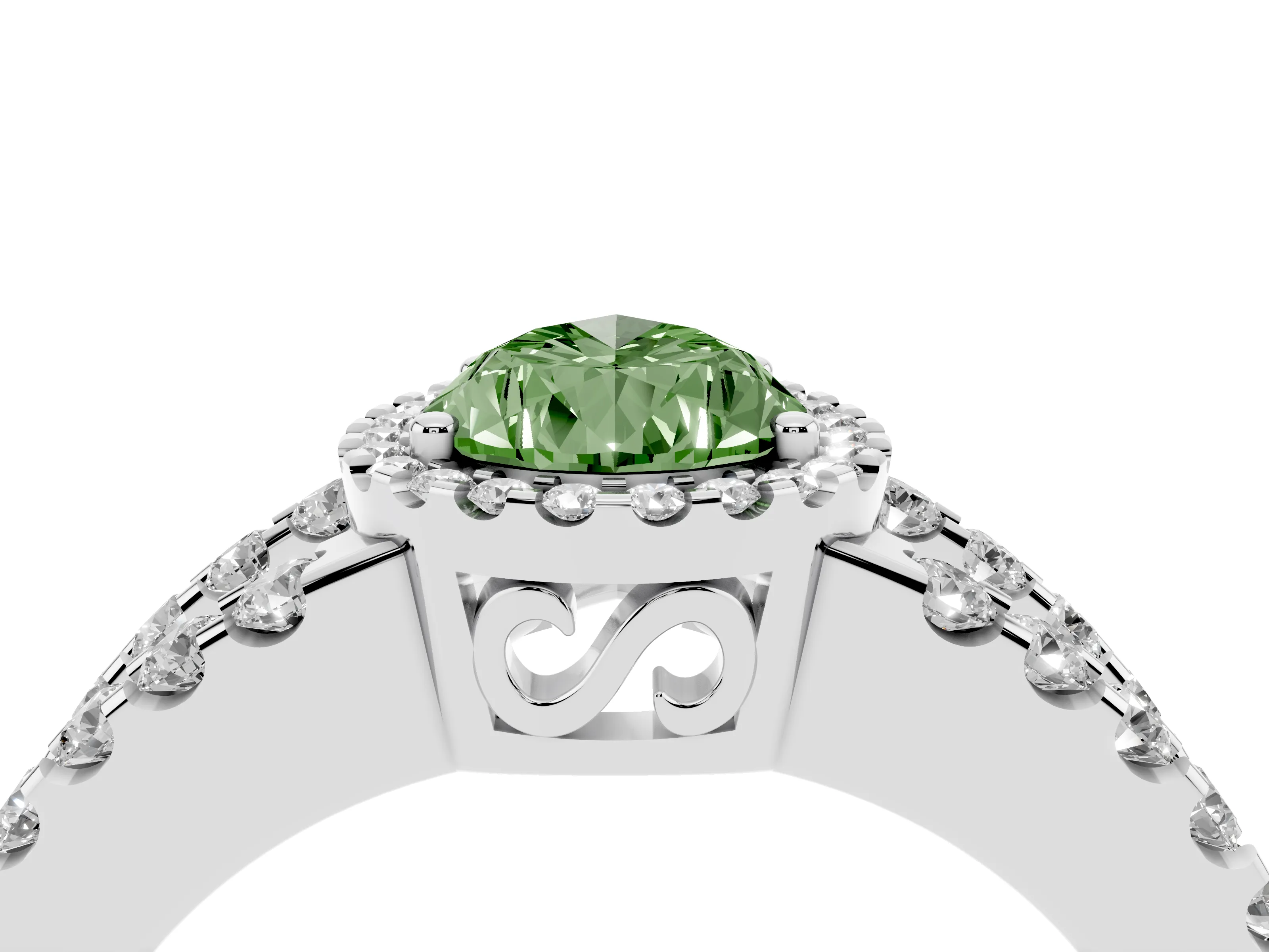 Fancy Green Pear Cut Diamond Halo Ring Set in Platinum with Pavé Split Shank and Prong Setting