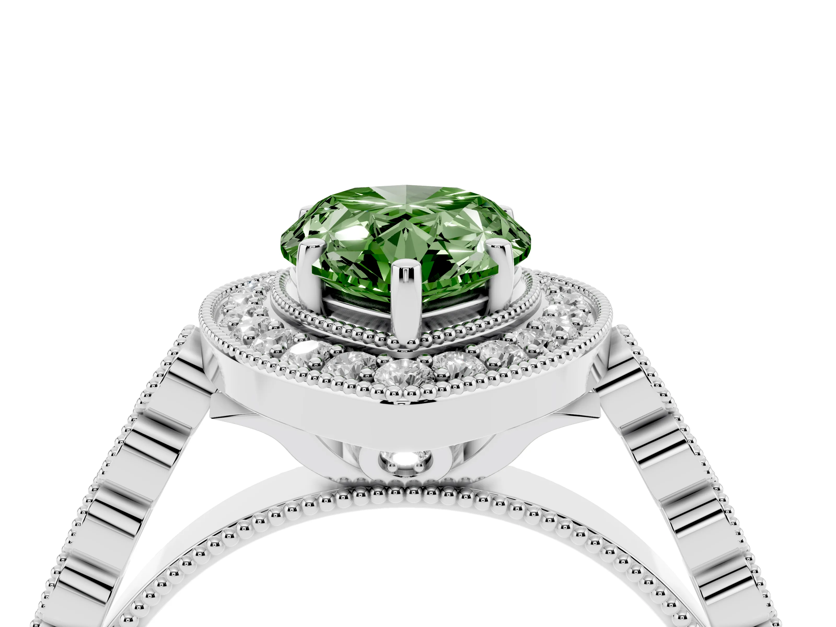 Fancy Green Pear Cut Diamond Milgrain Halo Solitaire Ring Set in Silver with Bezel Set Side Stones and Pavé Band