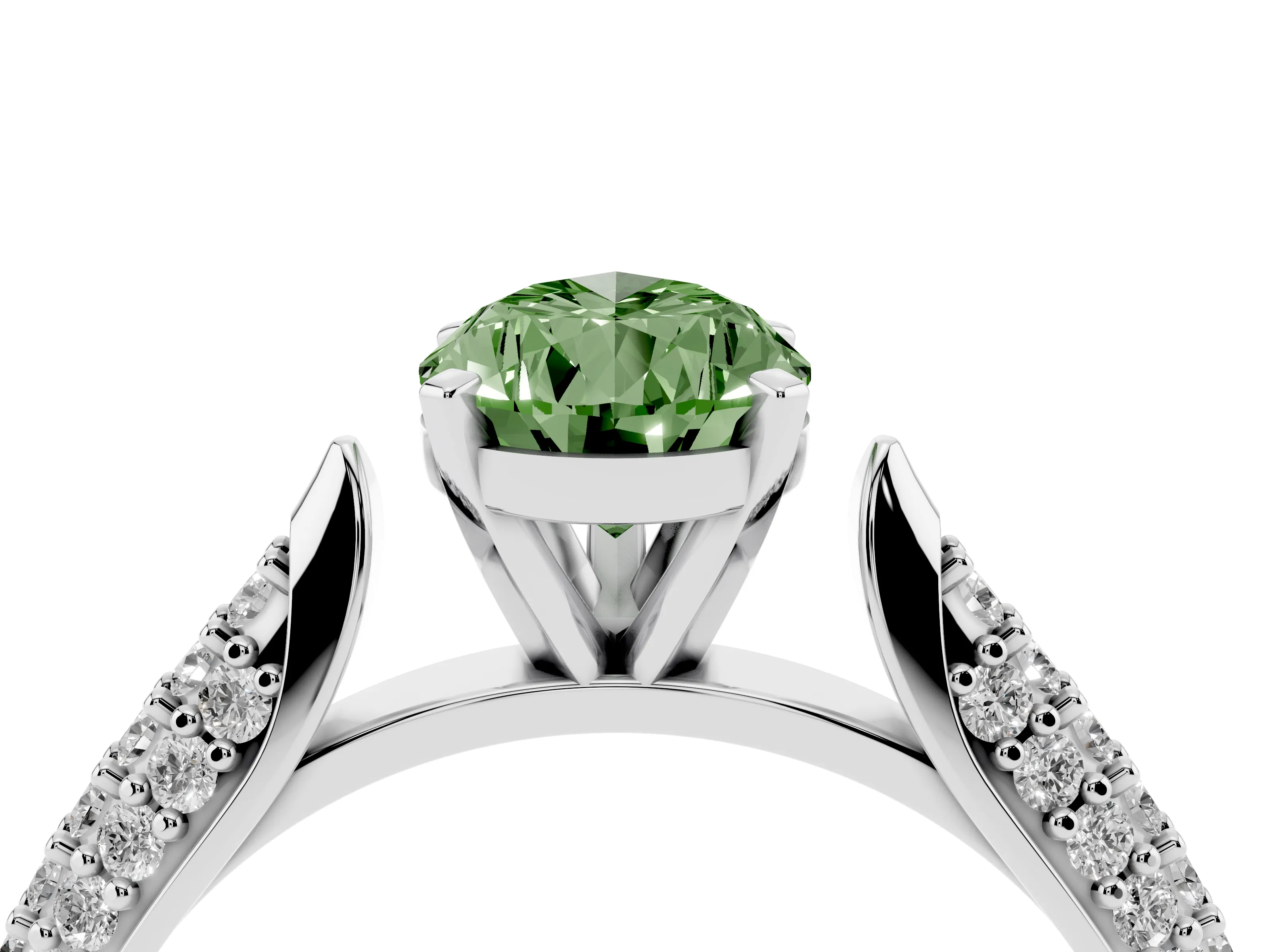 Fancy Green Pear Cut Diamond Solitaire Engagement Ring Set in White gold with Multi-Row Round Pavé Band and Prong Setting