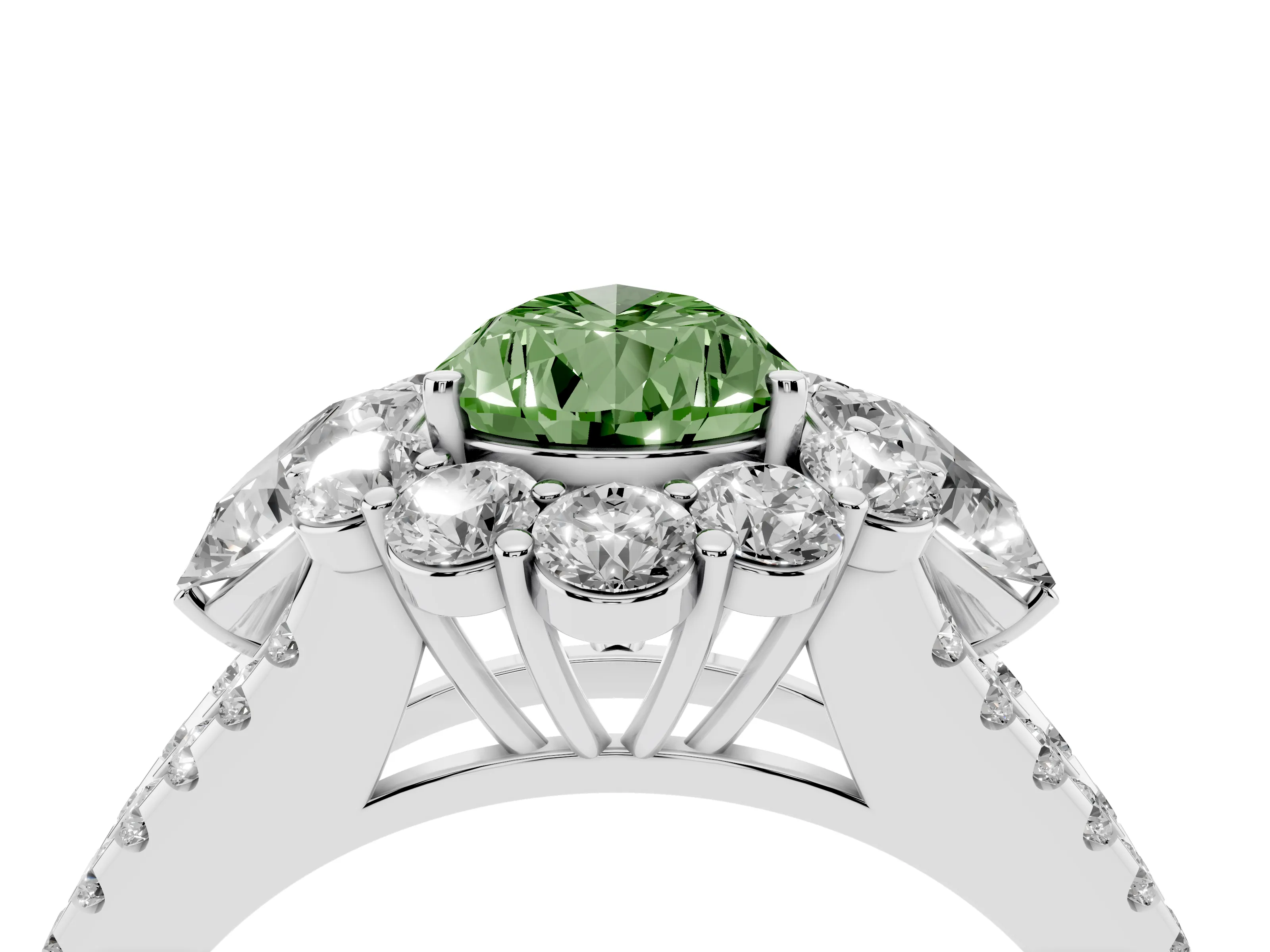 Fancy Green Pear Cut Diamond Halo Split Shank Engagement Ring Set in Platinum with Prong-Held Center Stone