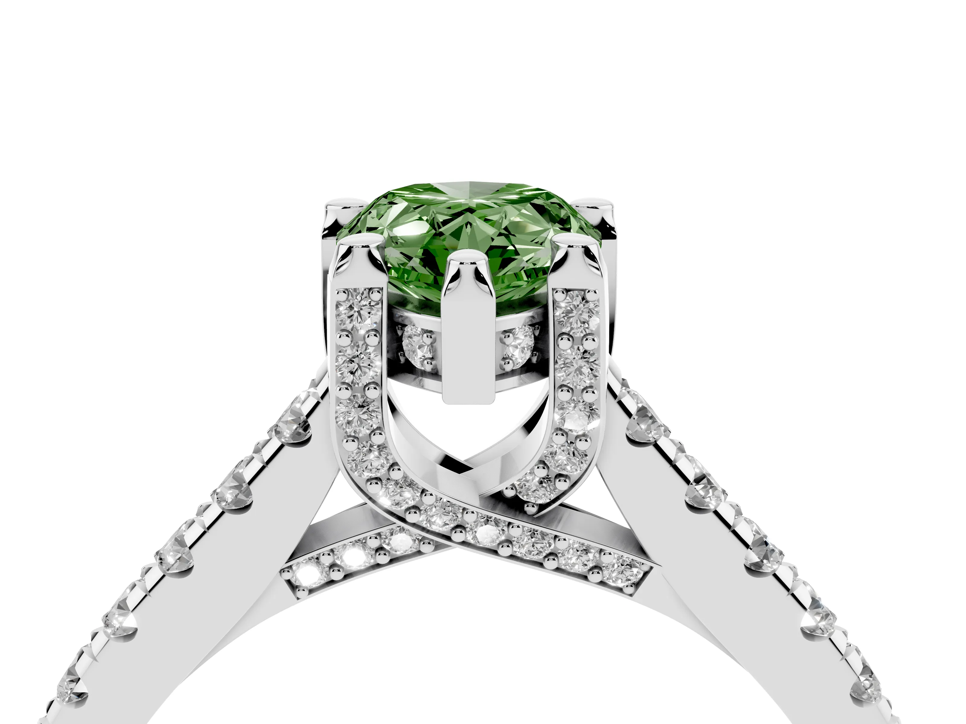 Fancy Green Pear Cut Diamond Solitaire Ring Set in Platinum with Brilliant Pavé Band and Prong Setting