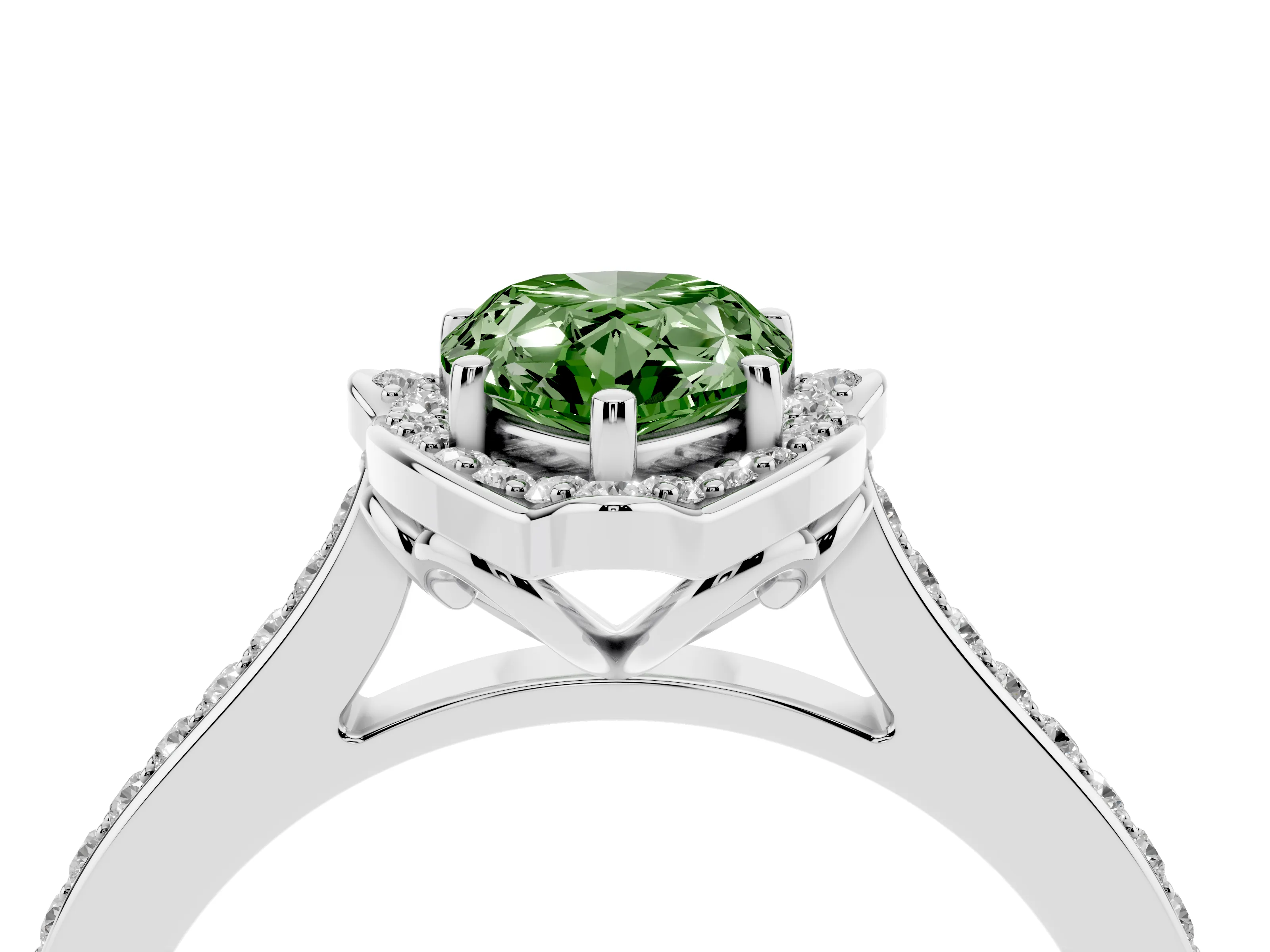 Fancy Green Pear Cut Diamond Halo Ring Set in White gold with Pavé-Lined Shoulders and Prong Setting