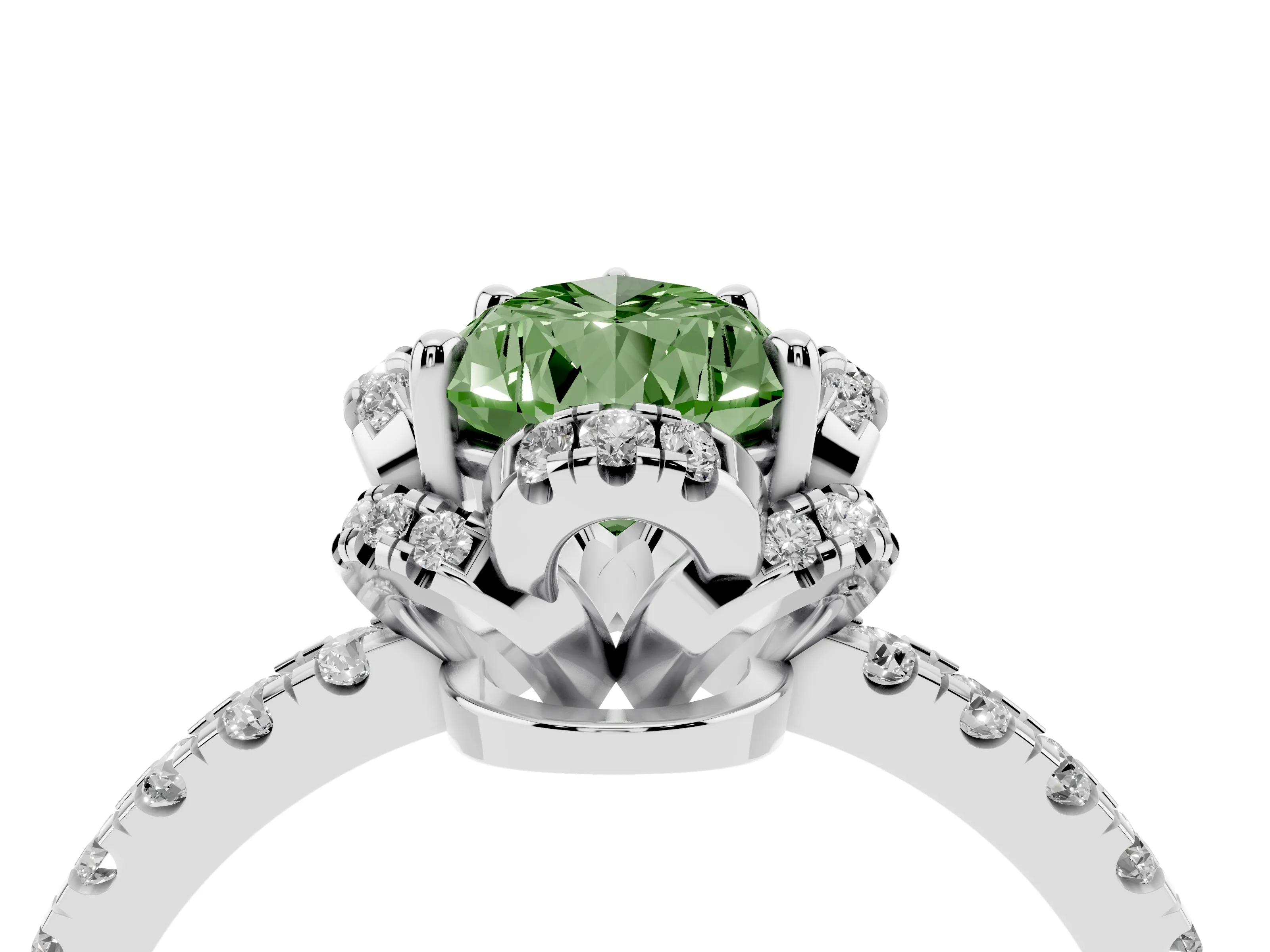 Fancy Green Pear Cut Diamond Halo Pavé Band Ring Set in Platinum with Prong-Held Center