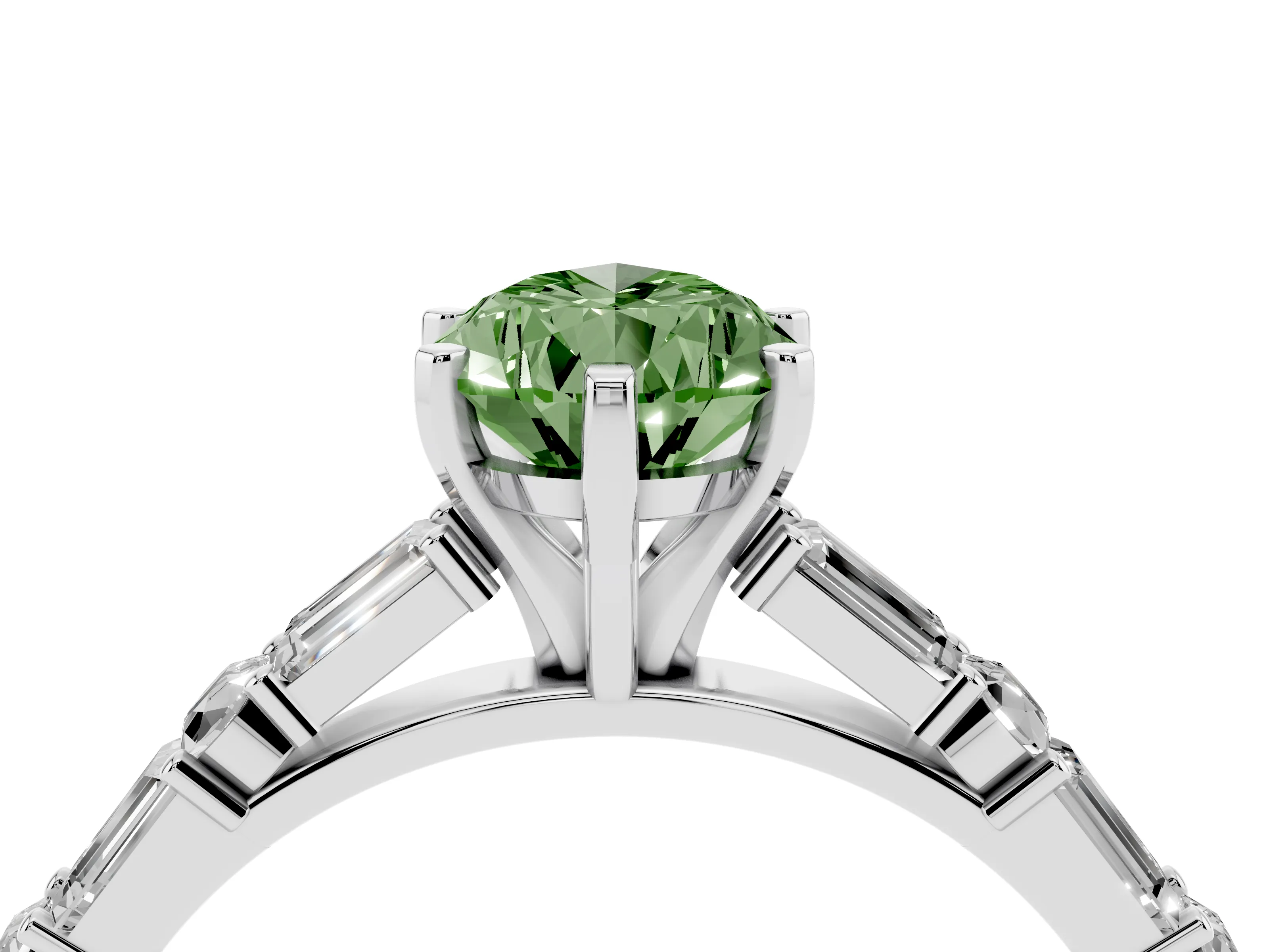 Fancy Green Pear Cut Diamond Solitaire Set in Platinum with Side Baguettes and Channel Set Band