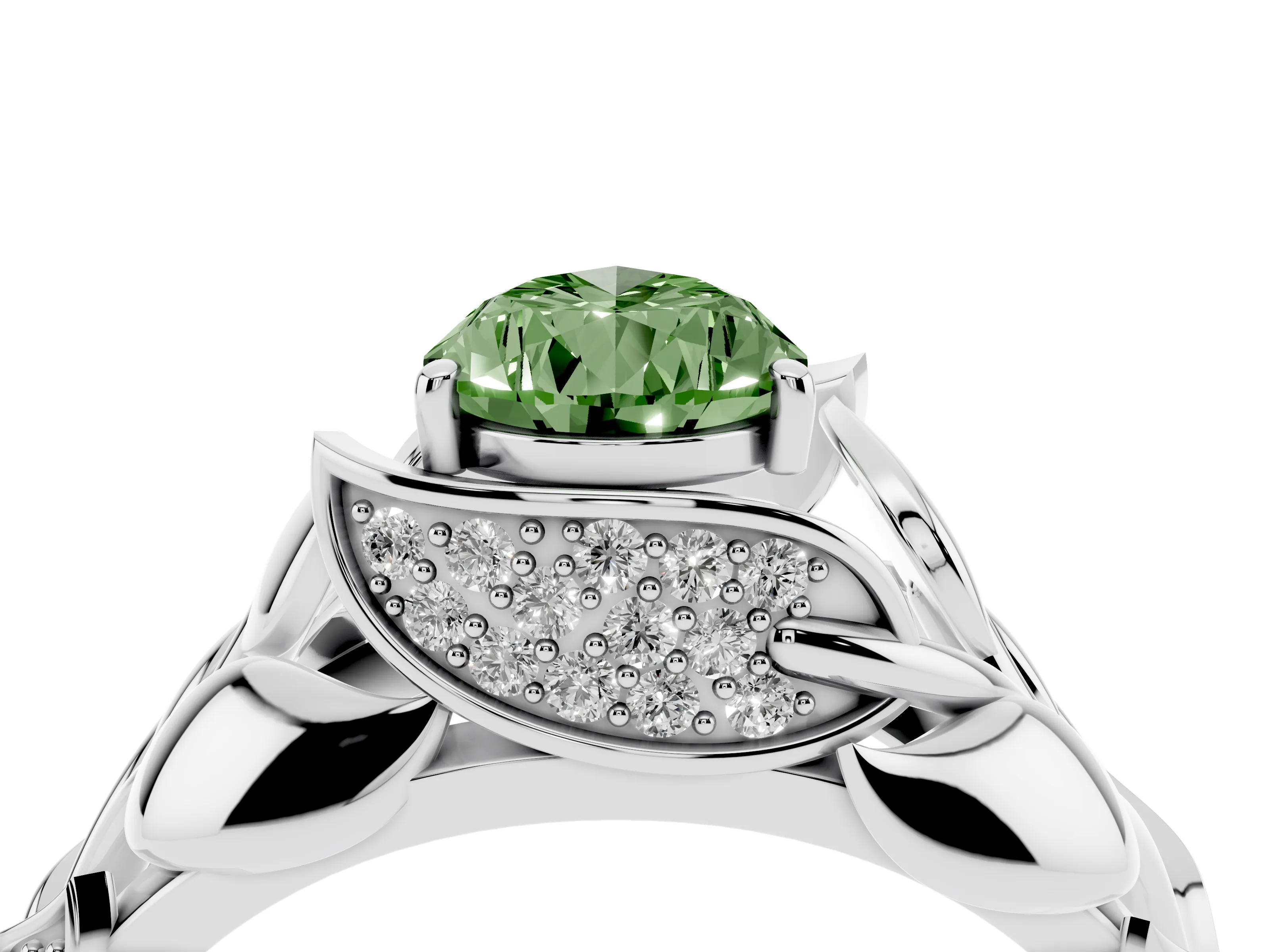 Fancy Green Pear Cut Diamond Leaf-Inspired Engagement Ring Set in Silver with Round Accents