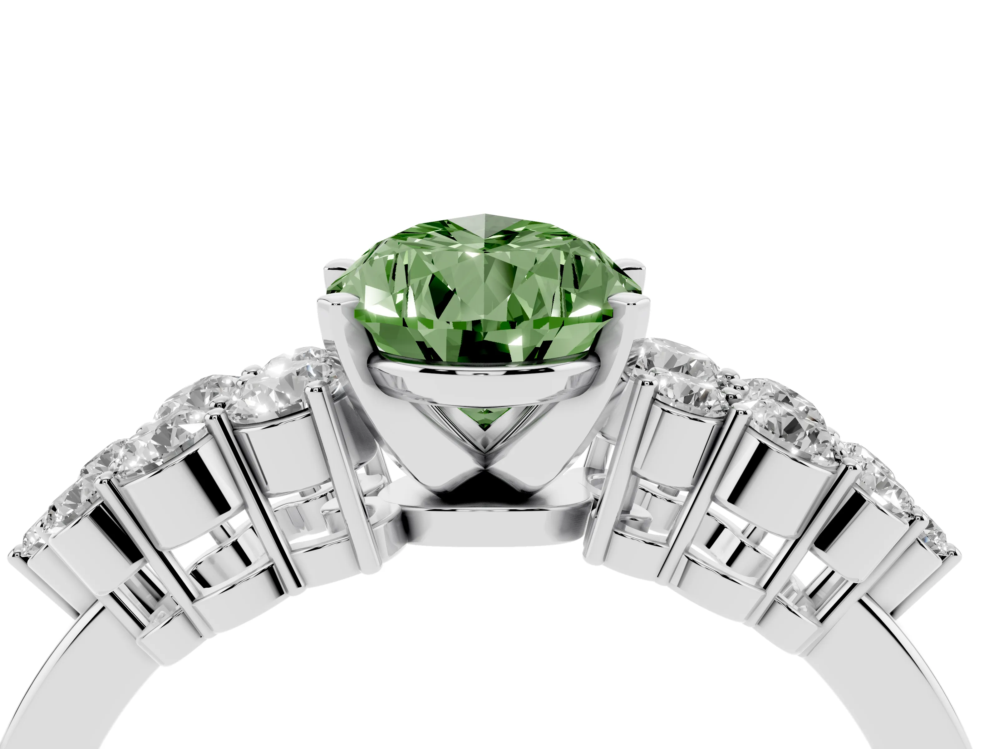 Fancy Green Pear Cut Diamond Cluster Engagement Ring Set in Silver with Pavé Band and Prong Setting