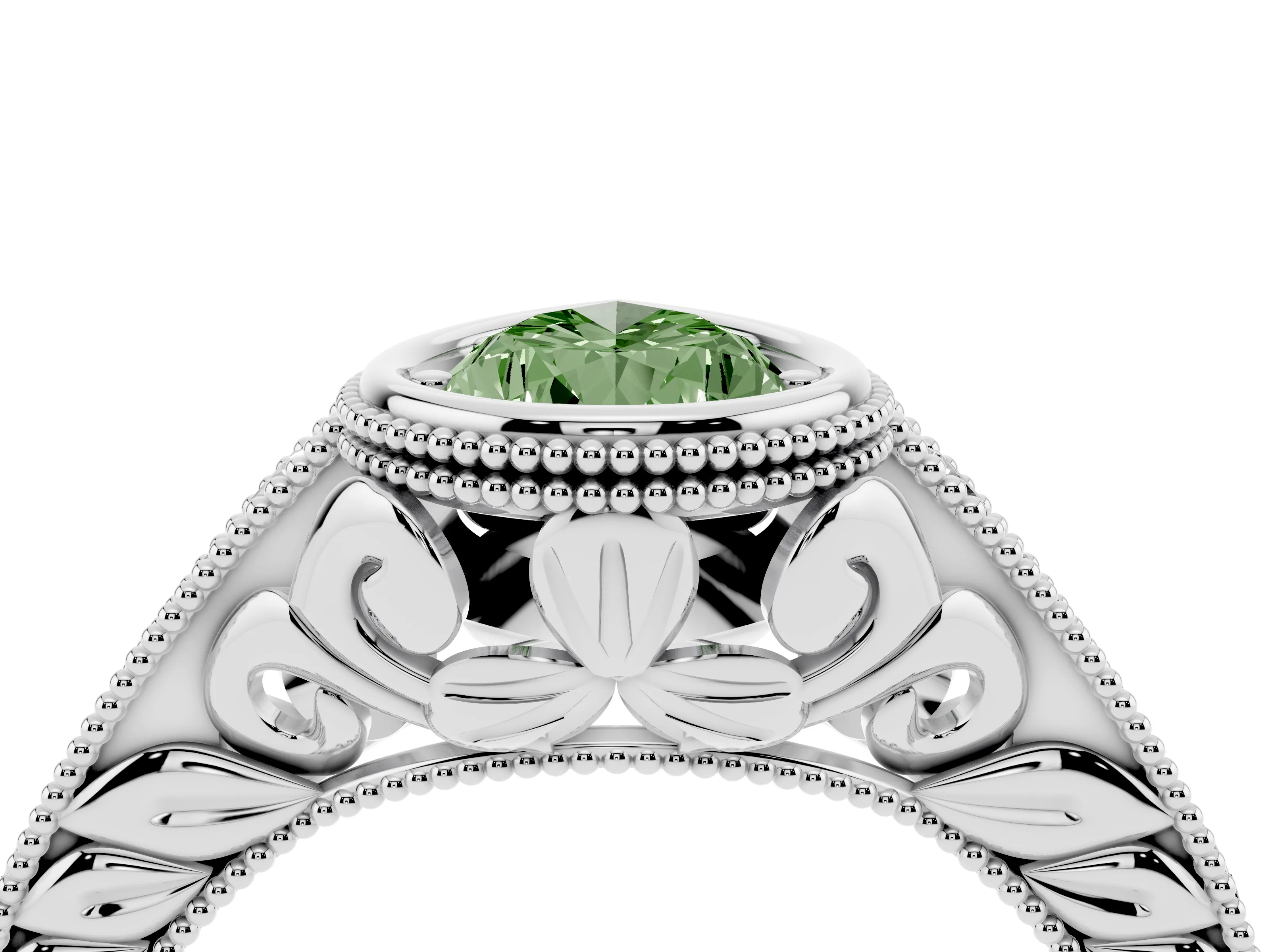 Fancy Green Bezel Set Pear Cut Diamond Milgrain Pavé Engagement Ring Set in White gold