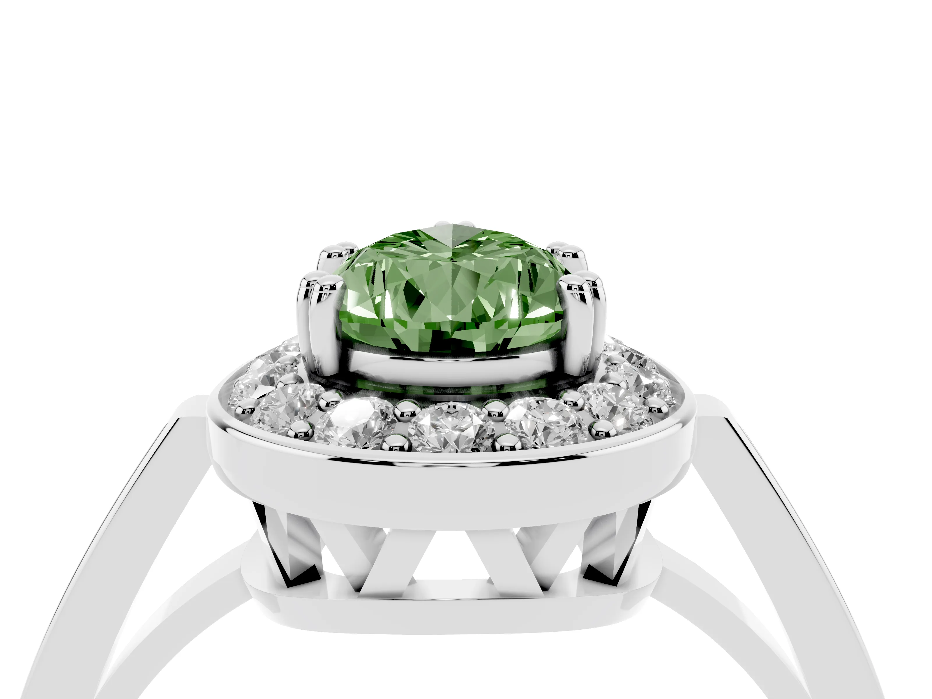 Fancy Green Pear Cut Diamond Halo Ring Set in Silver with Accent-Lined Split Shank and Prong Setting
