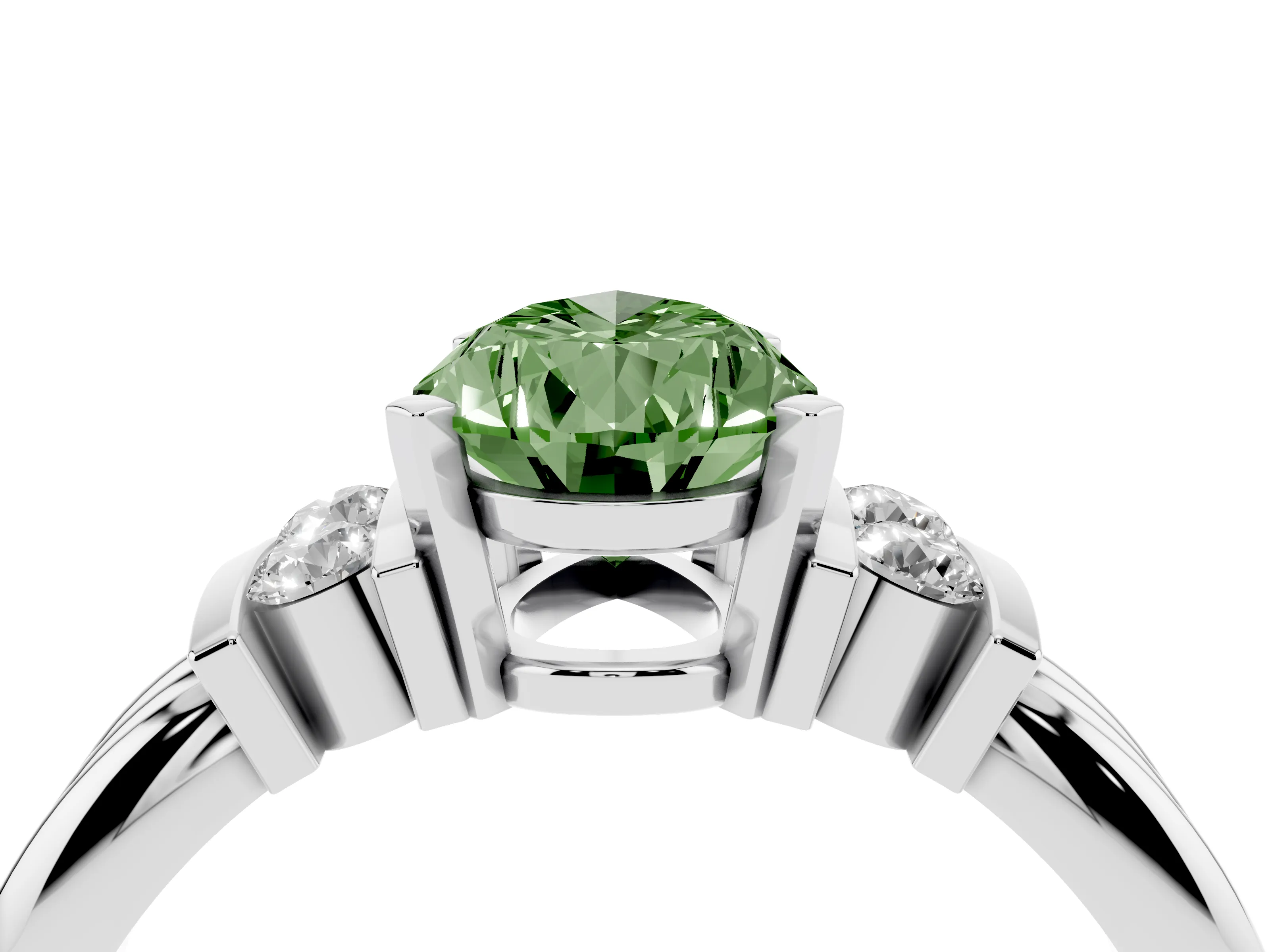 Fancy Green Three-Stone Pear Cut Diamond Channel Set Ring Set in Platinum with Bar Prongs