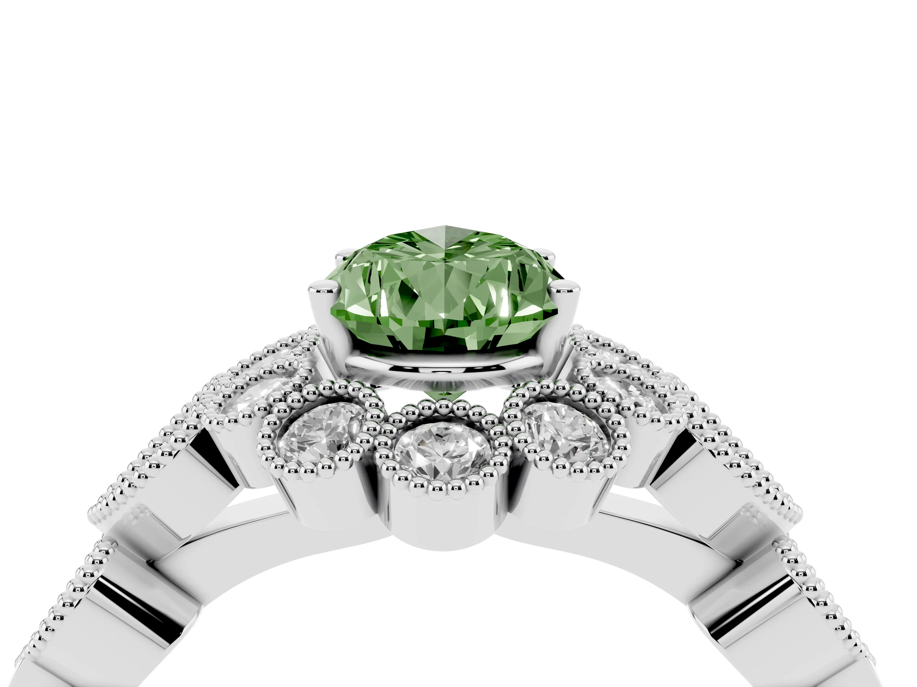 Fancy Green Pear Cut Diamond Solitaire Ring Set in White gold with Milgrain Pavé Heart Band