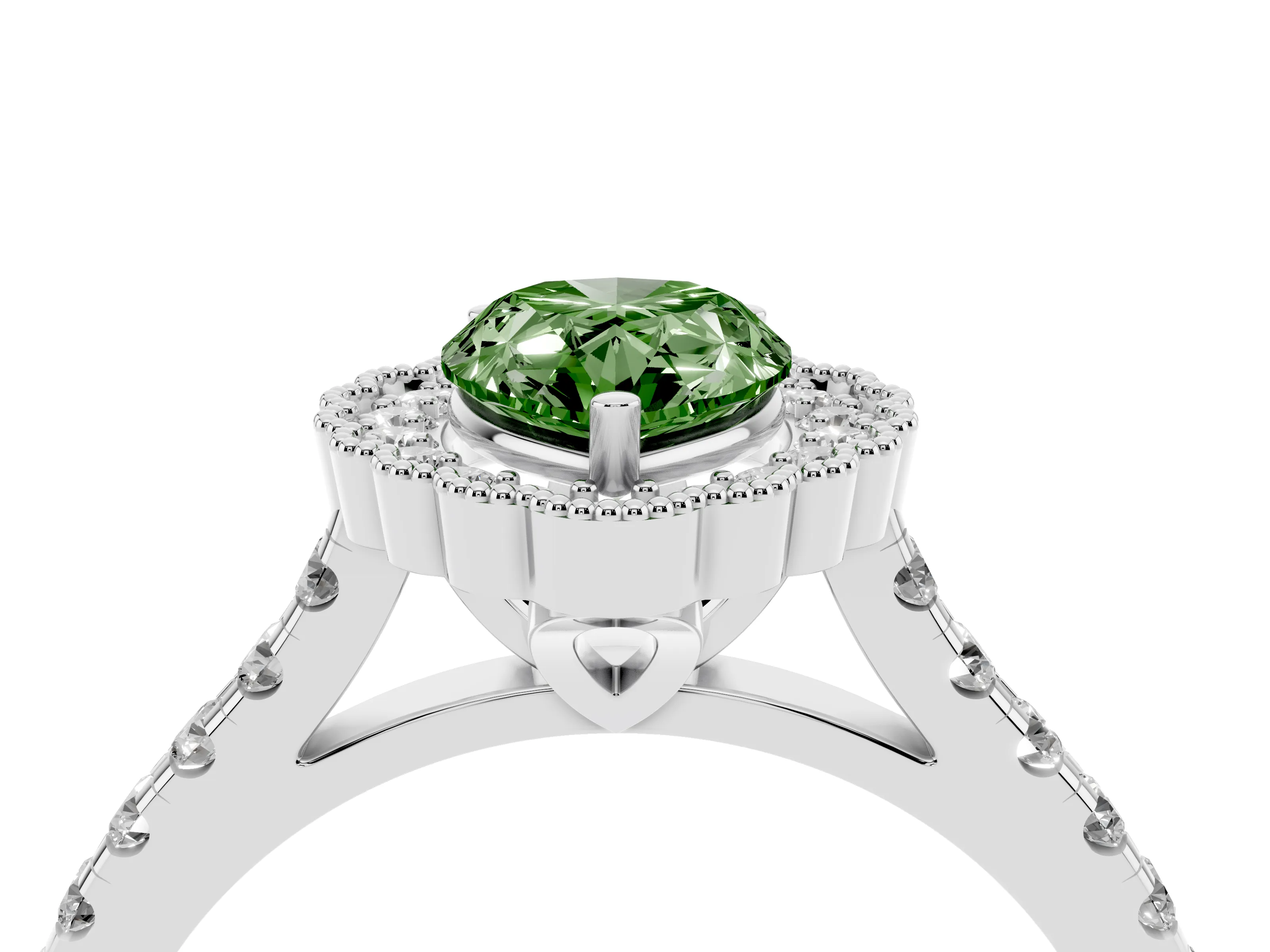 Fancy Green Pear Cut Diamond Milgrain Floral Halo Engagement Ring Set in Silver with Pavé Band