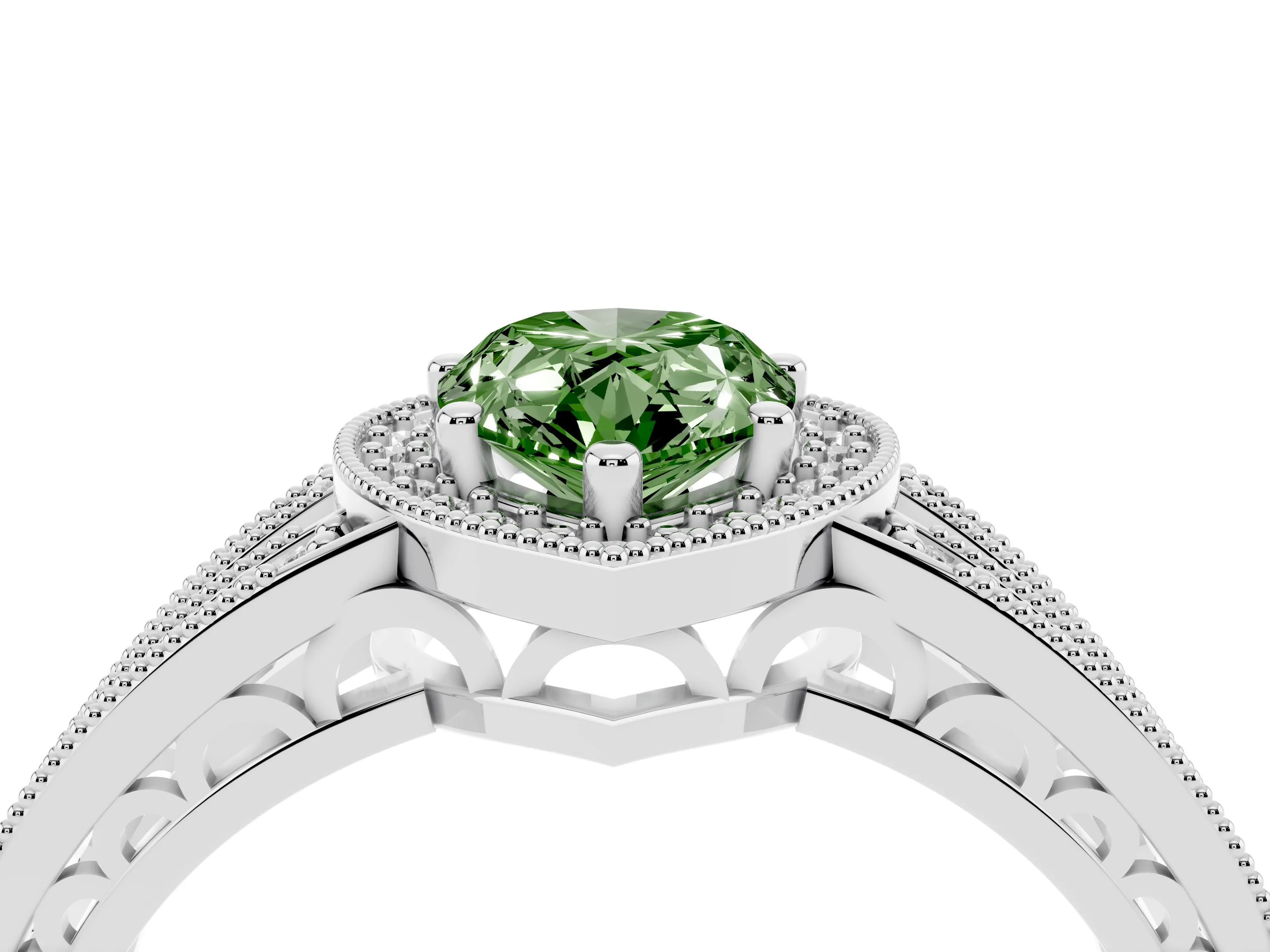 Fancy Green Pear Cut Diamond Halo Ring Set in Silver with Accent Split Shank and Prong Setting