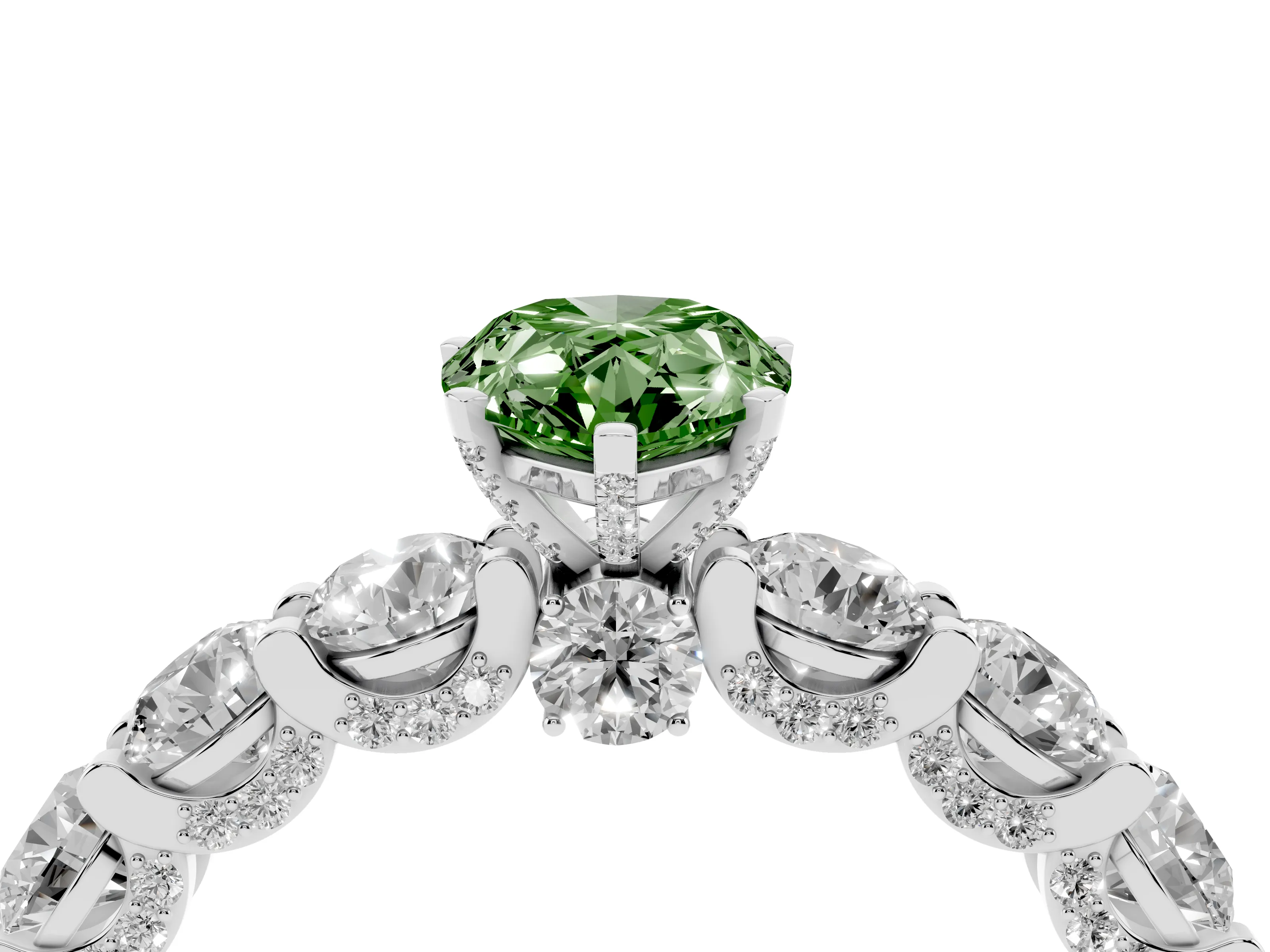 Fancy Green Pear Cut Diamond Side Stone Ring Set in Platinum with Alternating Round and Oval Side Stones