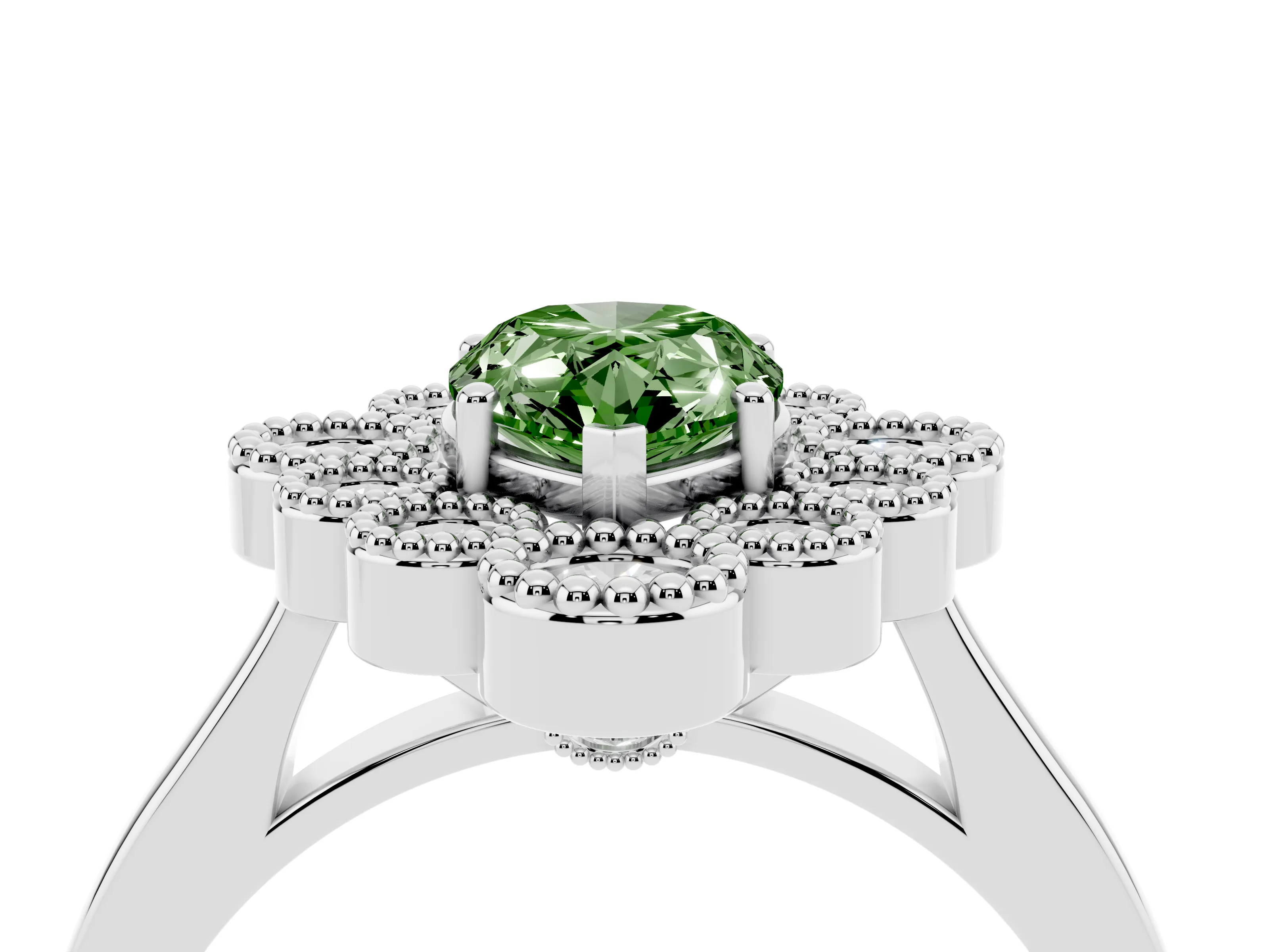 Fancy Green Pear Cut Diamond Cluster Halo Ring Set in White gold with Milgrain Bezel Accents and Plain Band