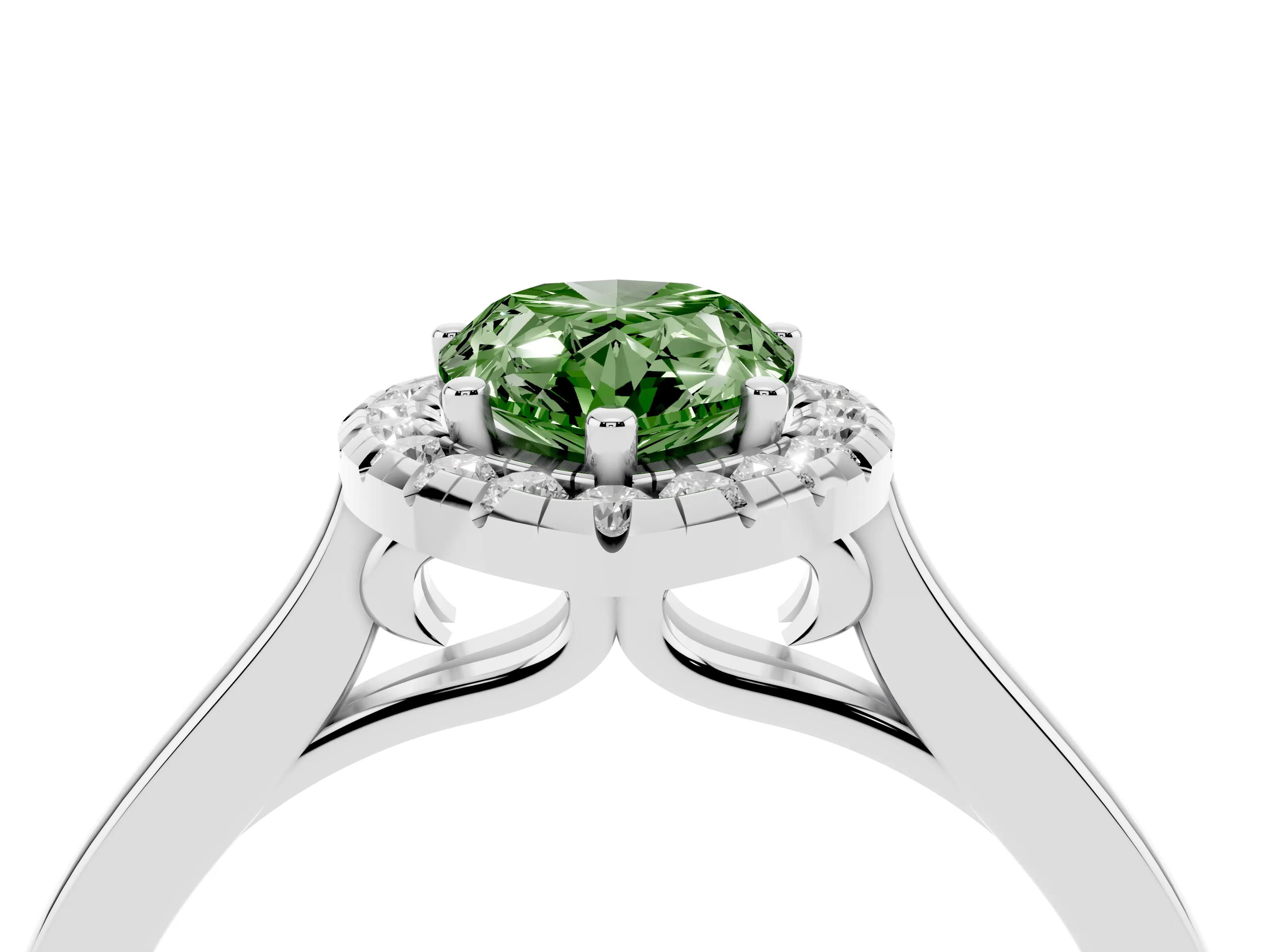 Fancy Green Pear Cut Halo Round Diamond Solitaire Ring Set in White gold with Pavé Band and Prong Setting