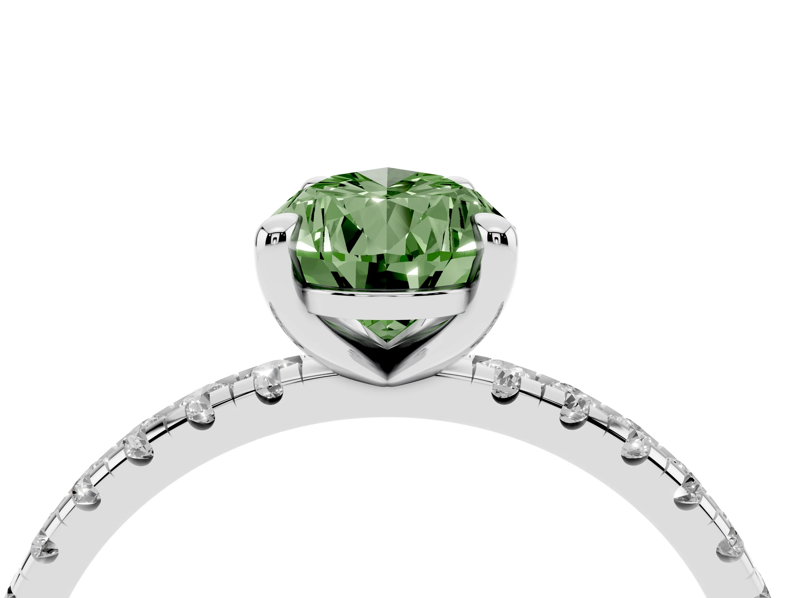 Fancy Green Pear Cut Diamond Brilliant Solitaire Ring Set in White gold with Pavé Band and Prong Setting