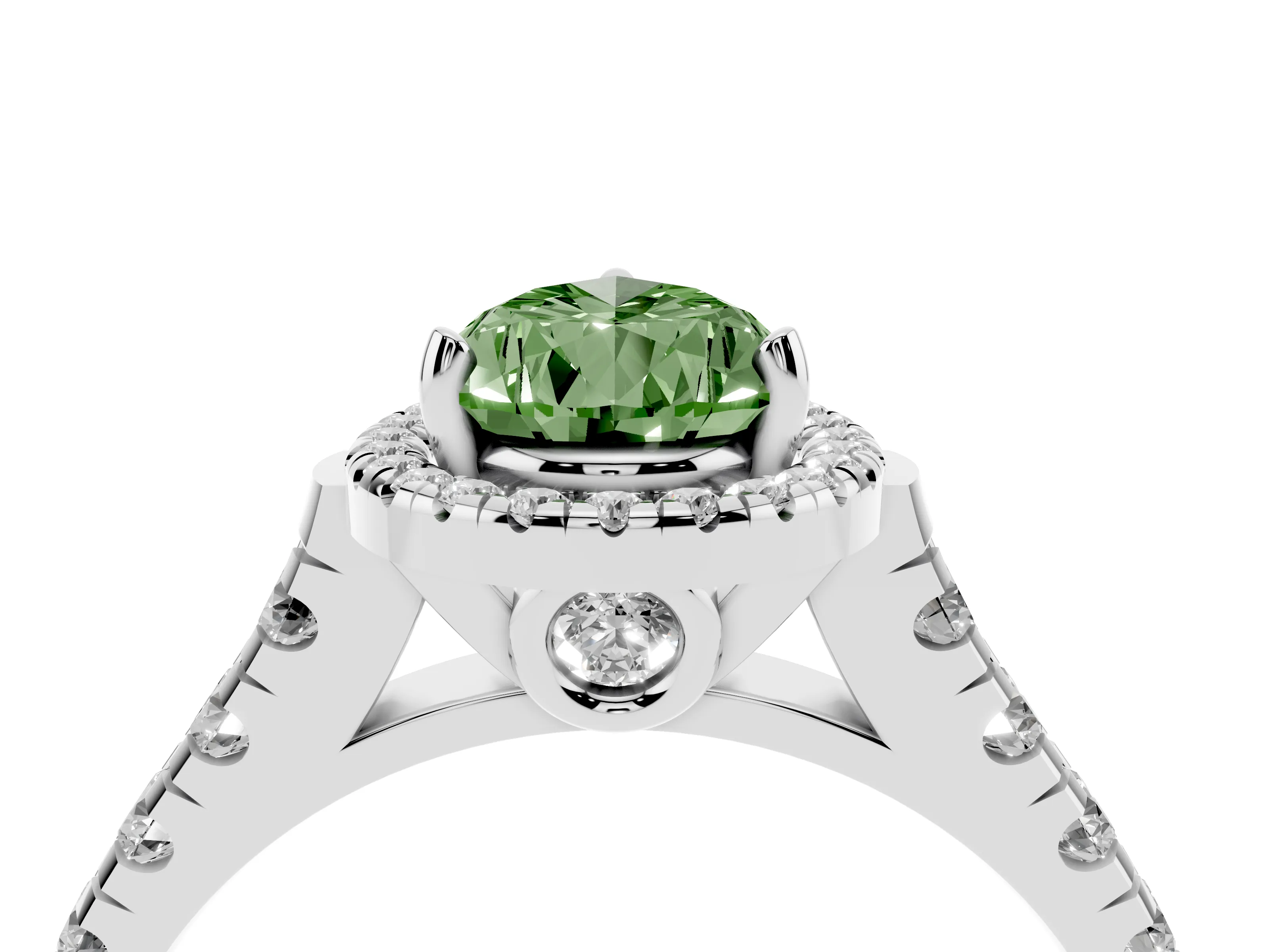 Fancy Green Pear Cut Diamond Halo Engagement Ring Set in Silver with Pavé Band and Prong-Set Center