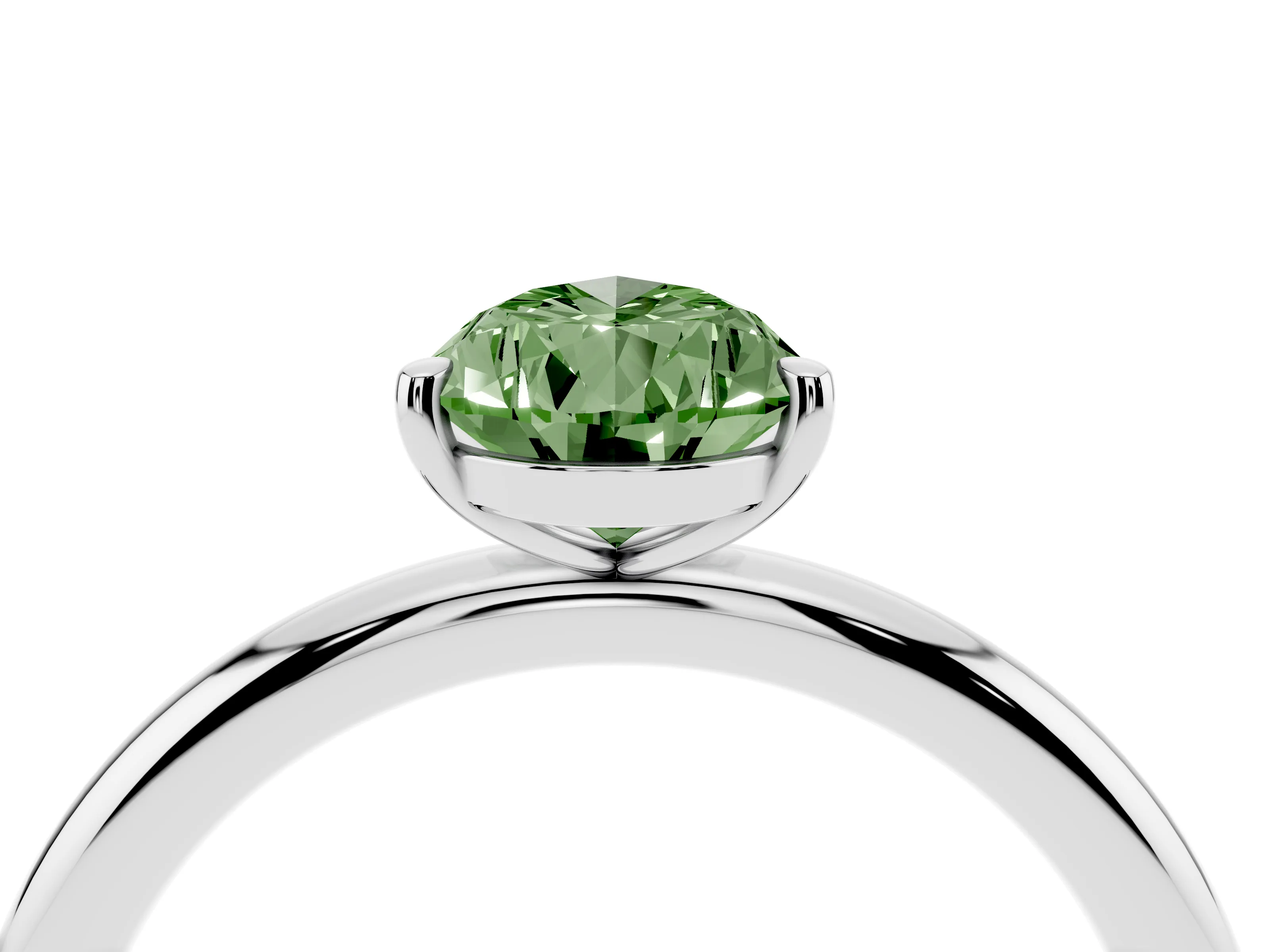 Fancy Green Pear Cut Diamond Solitaire Ring Set in White gold with Prong Setting on a Polished Plain Band