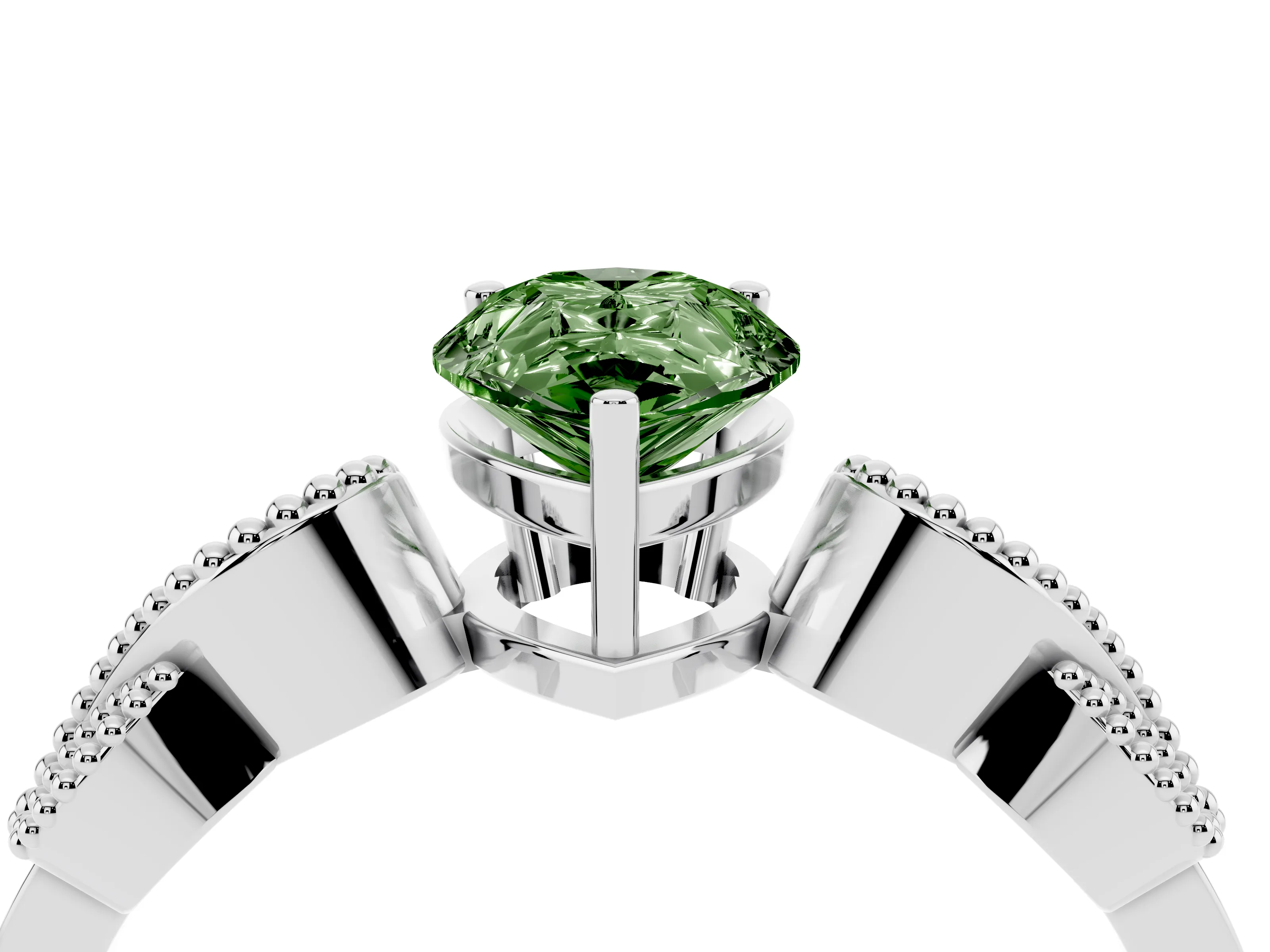 Fancy Green Pear Cut Diamond Milgrain Leaf Band Solitaire Ring Set in White gold with Accent Stones and Prong Setting